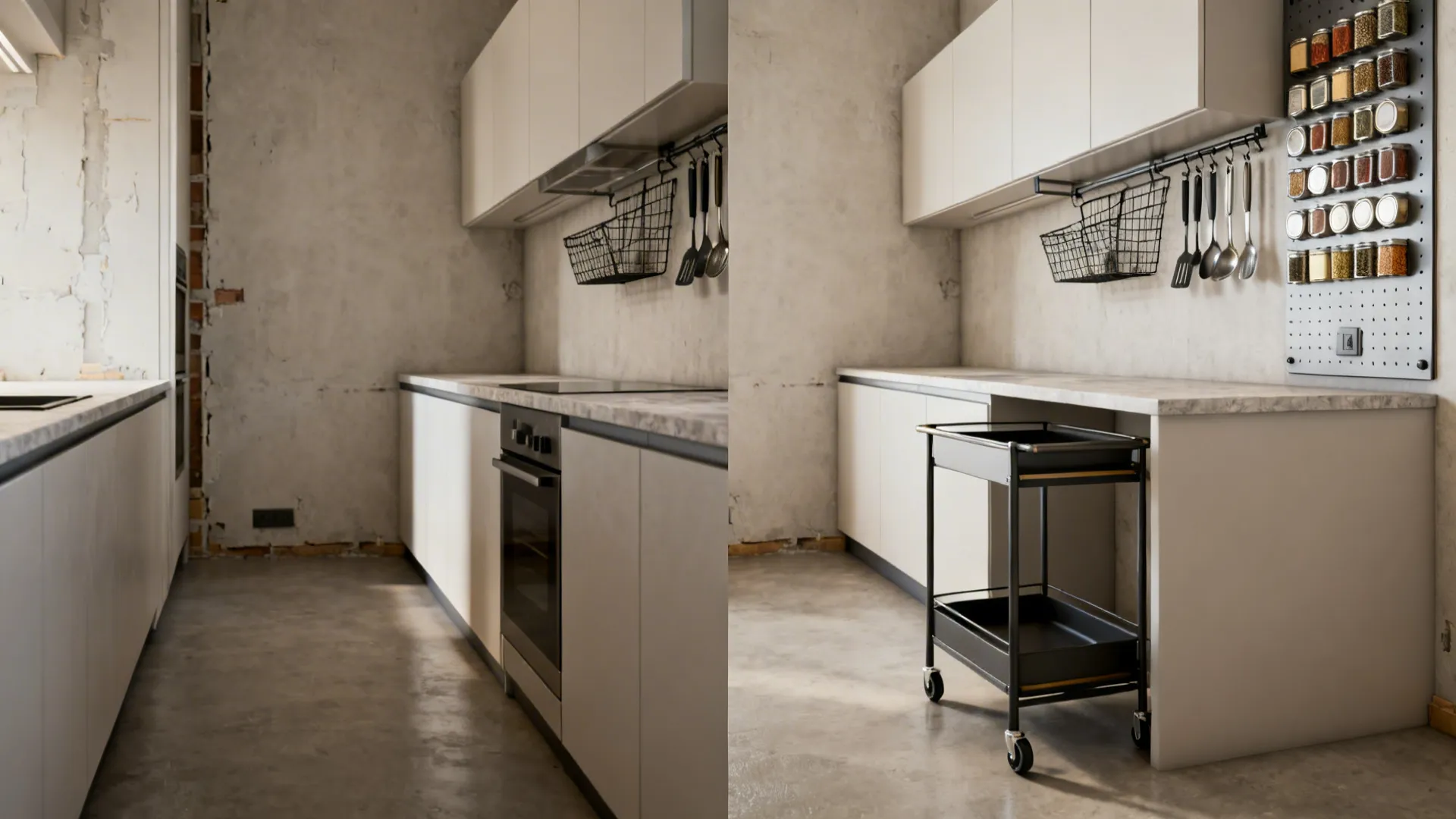Before and after view of a kitchen corner showing added storage cart and wall spice rack