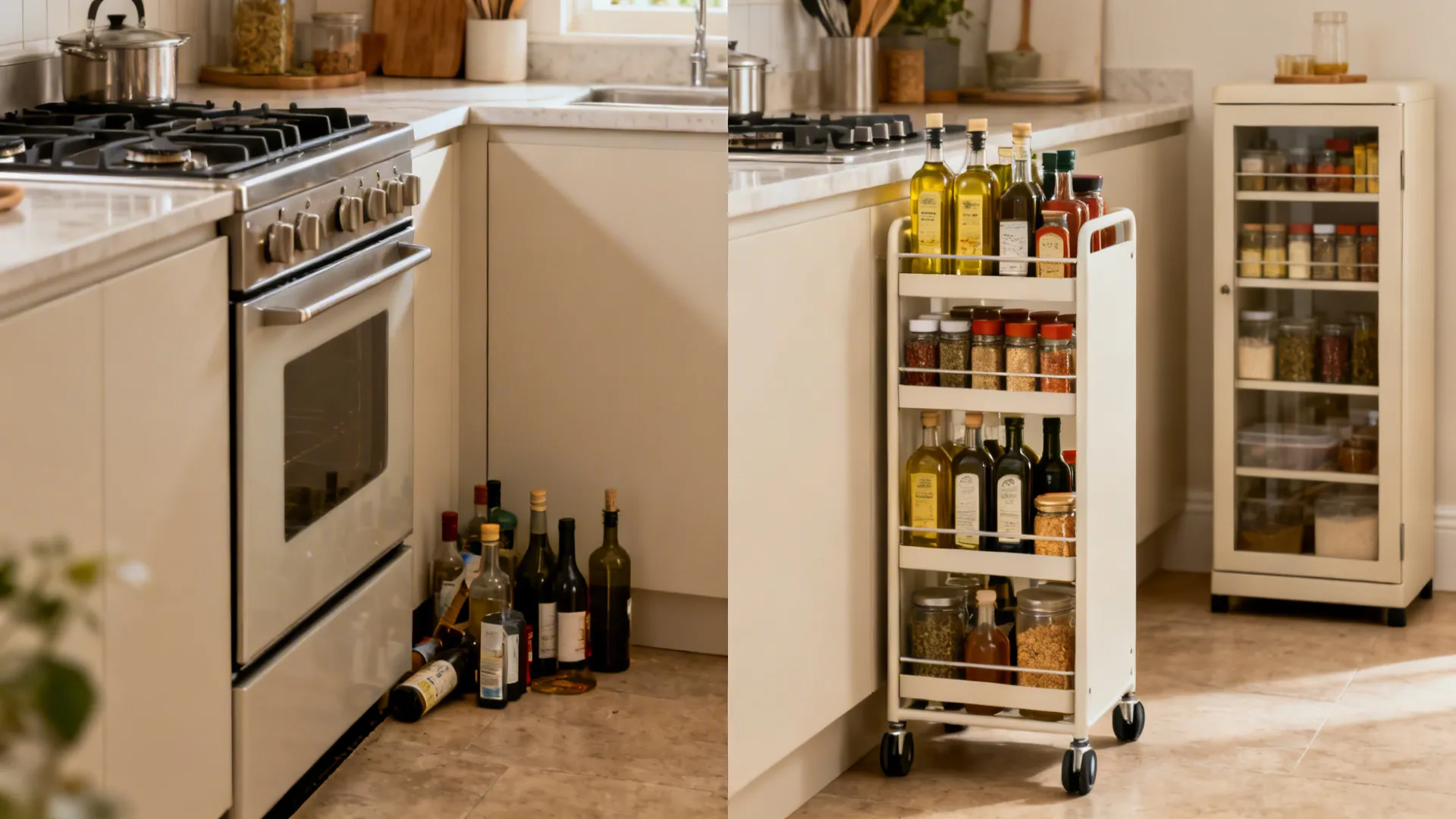 Before and after comparison showing messy floor bottles versus neatly organized white kitchen rolling storage cart