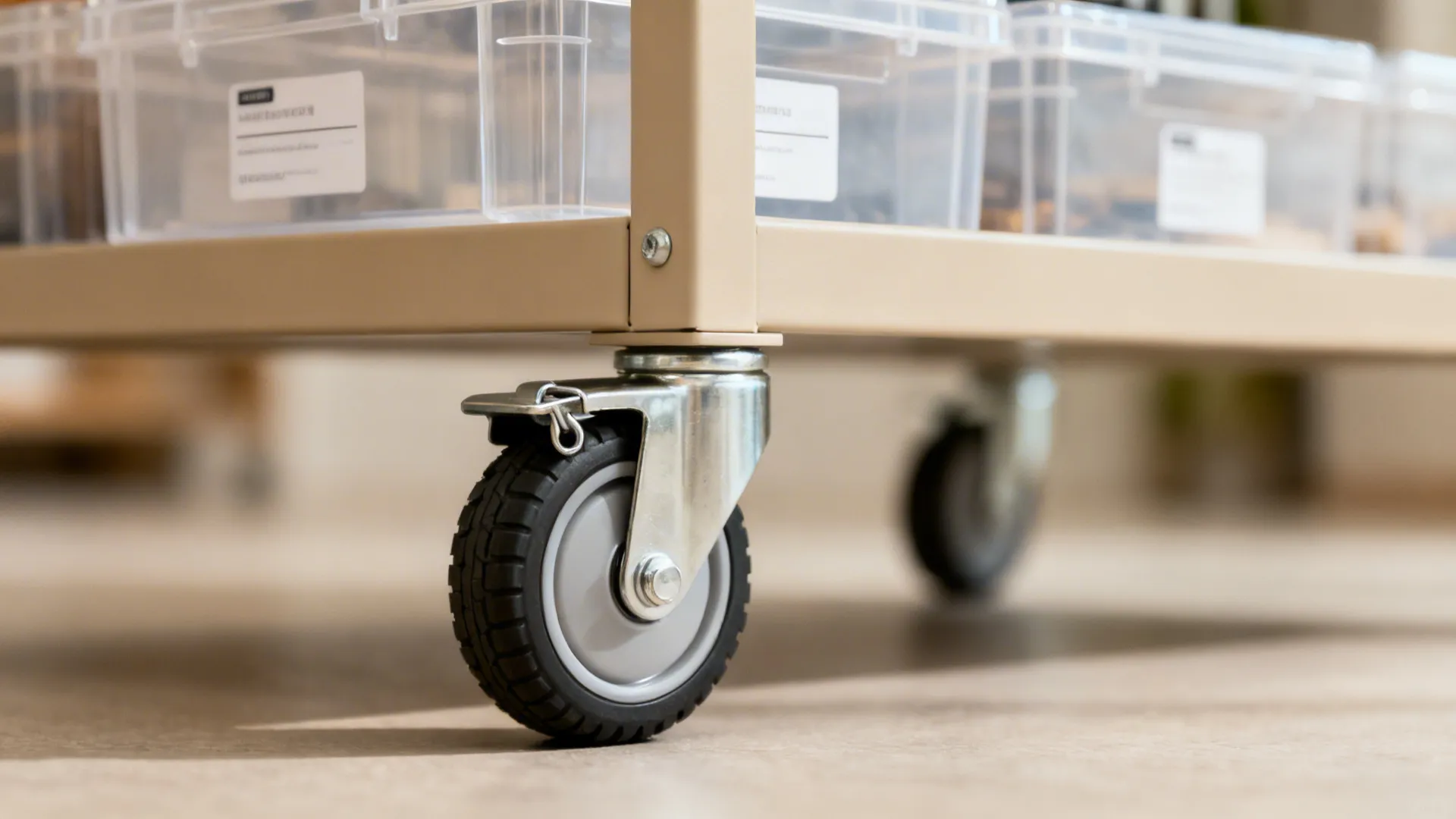 Close-up of a lockable caster and labeled bins on a slim kitchen cart.