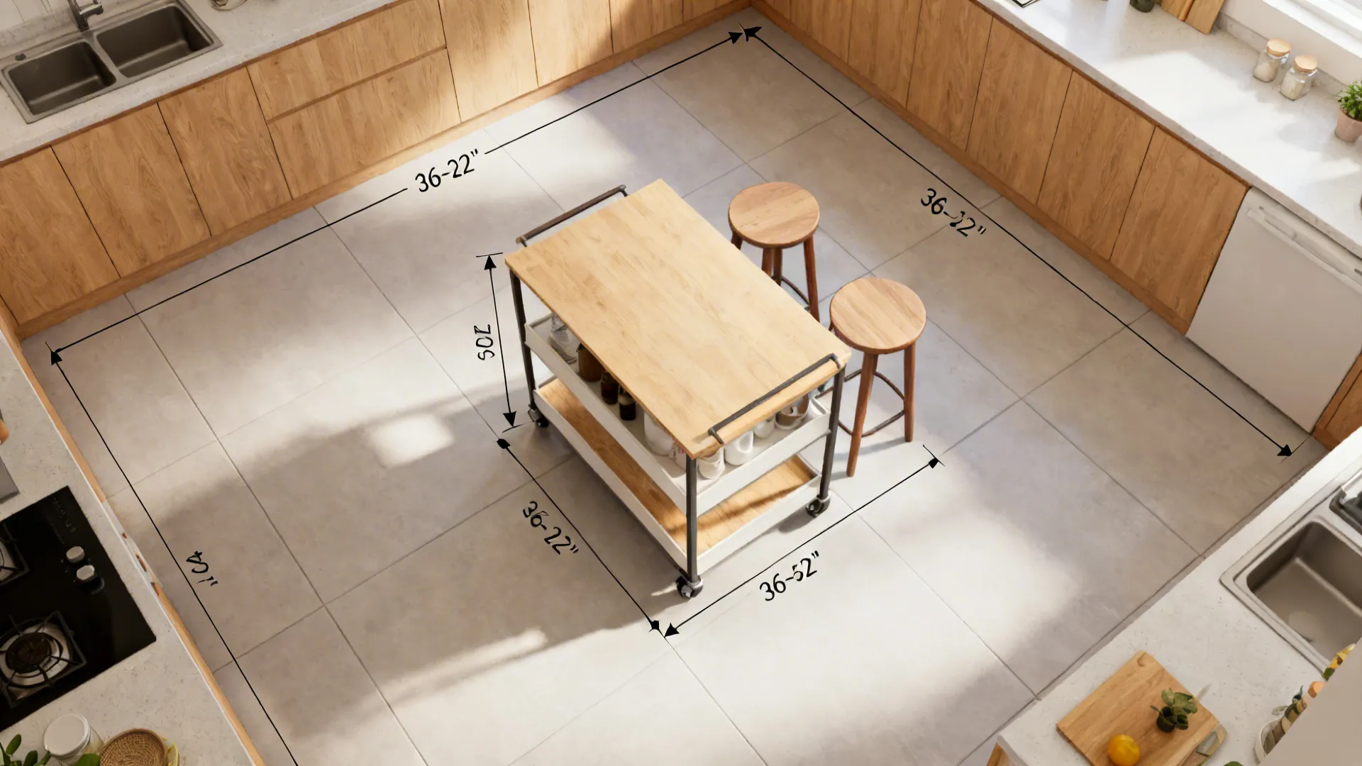 Top-down view showing clearances around a mobile island cart with two stools.