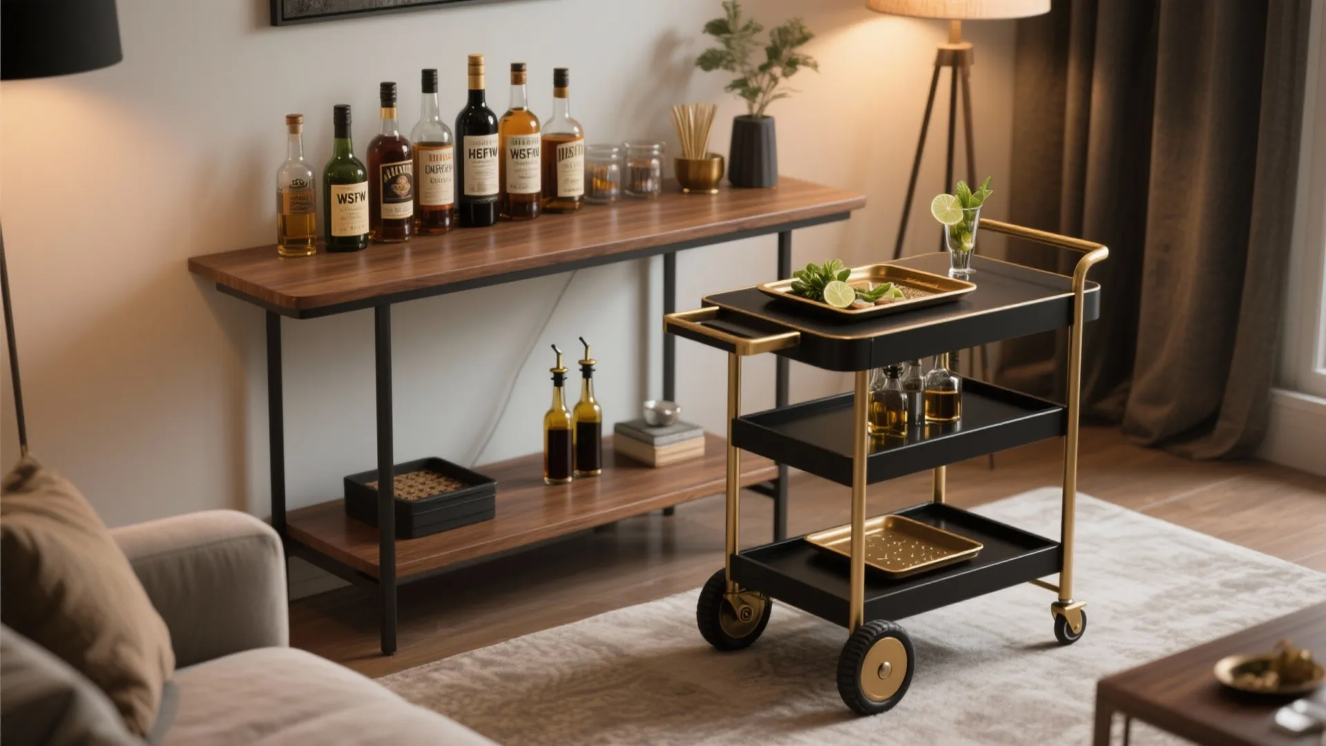 Modern black bar cart with gold details next to a wood table with glass bottles