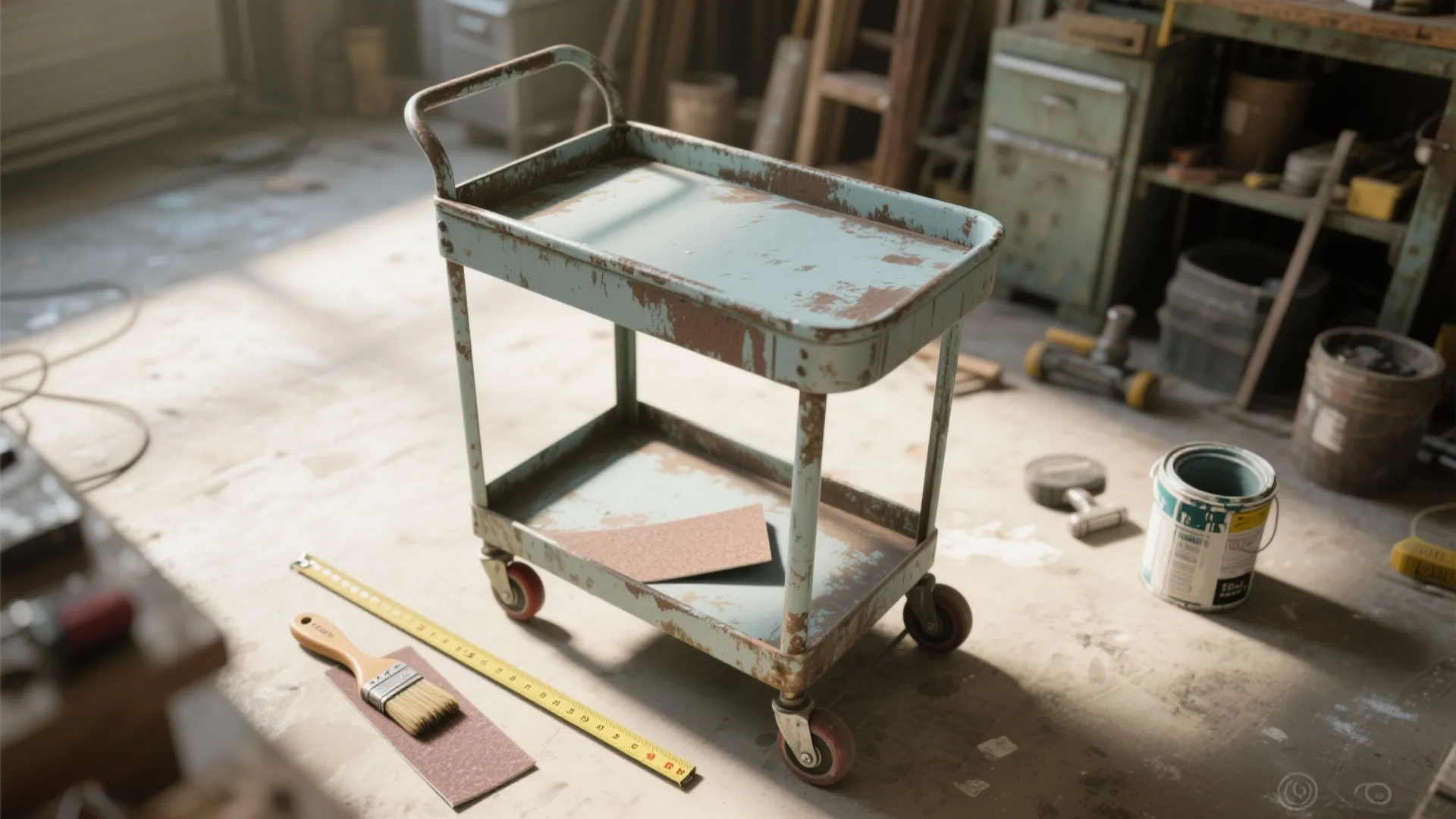 Top-down process view of a thrifted cart being refurbished with paint, new casters and measuring tools.