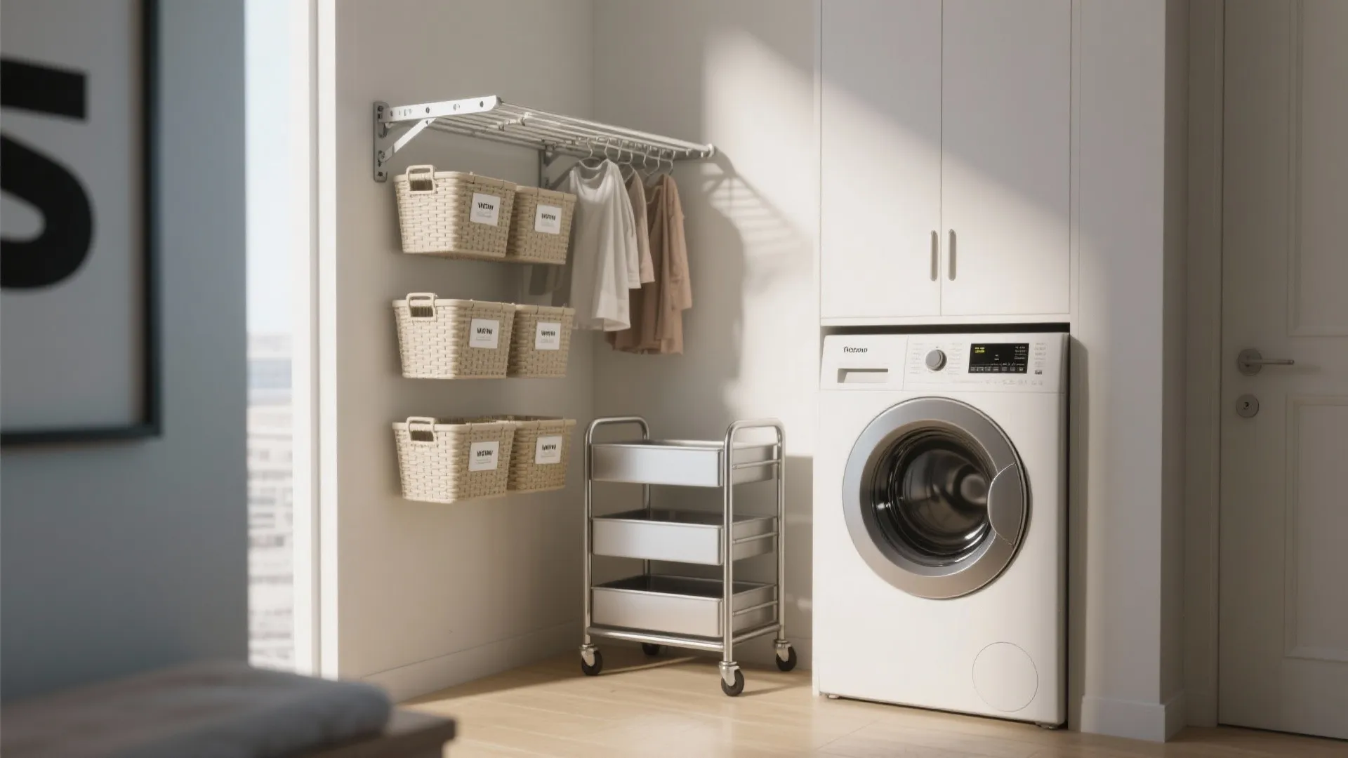 Bright laundry area featuring white washing machine metal drying rack wall baskets and storage cart