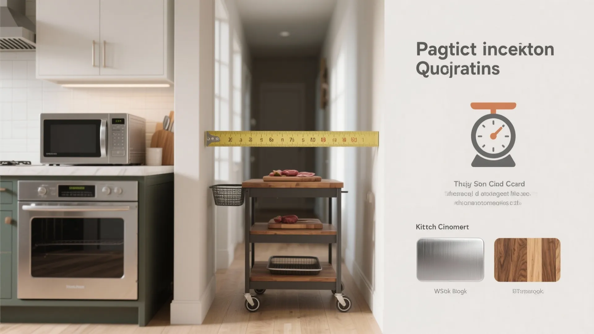 Composite visual showing measurements, clearance mockup, and material samples to answer common kitchen cart FAQs about size, stability, and appliances.