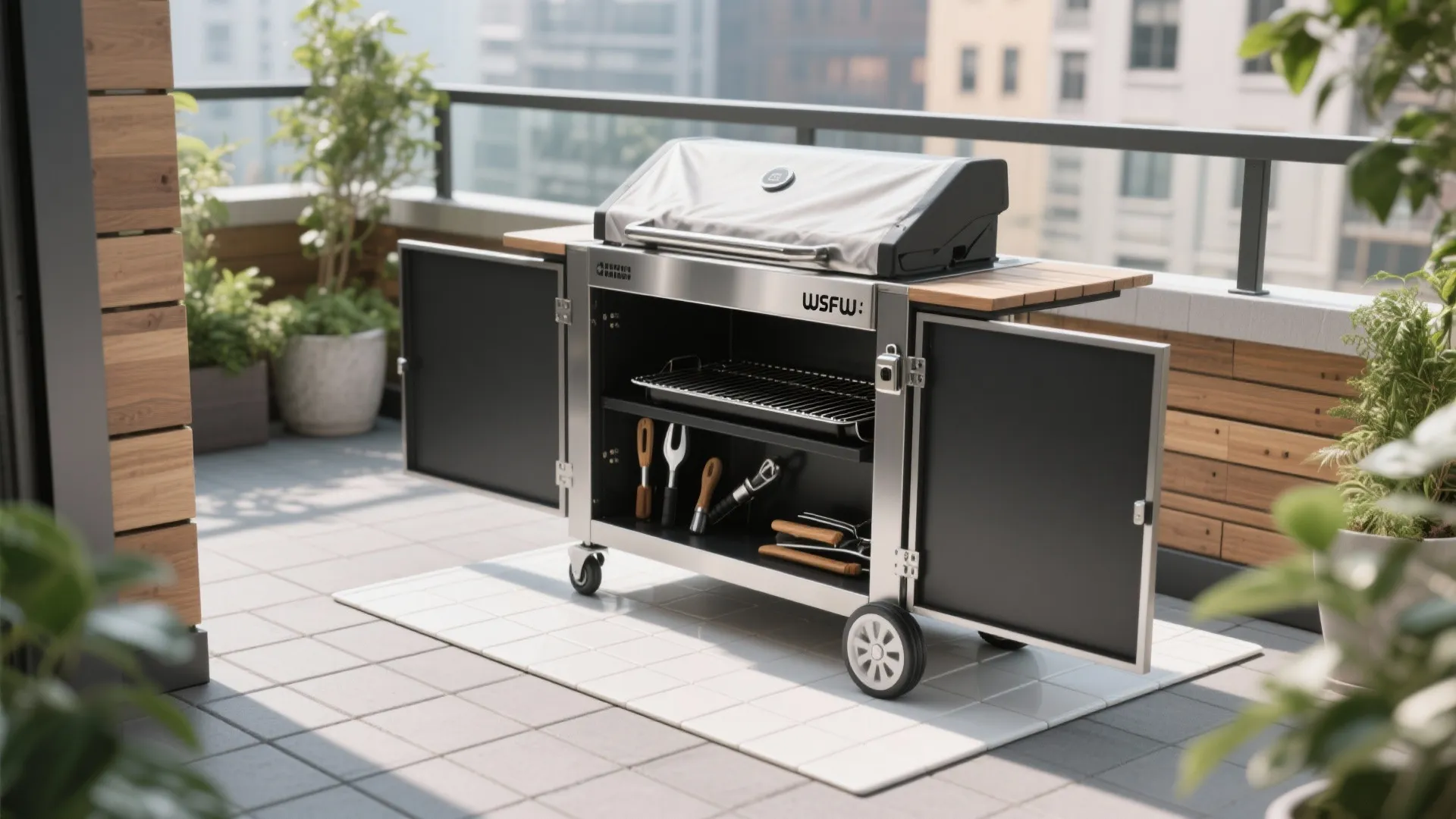 Modern outdoor grill cart with open doors and kitchen tools on a sunny apartment balcony terrace