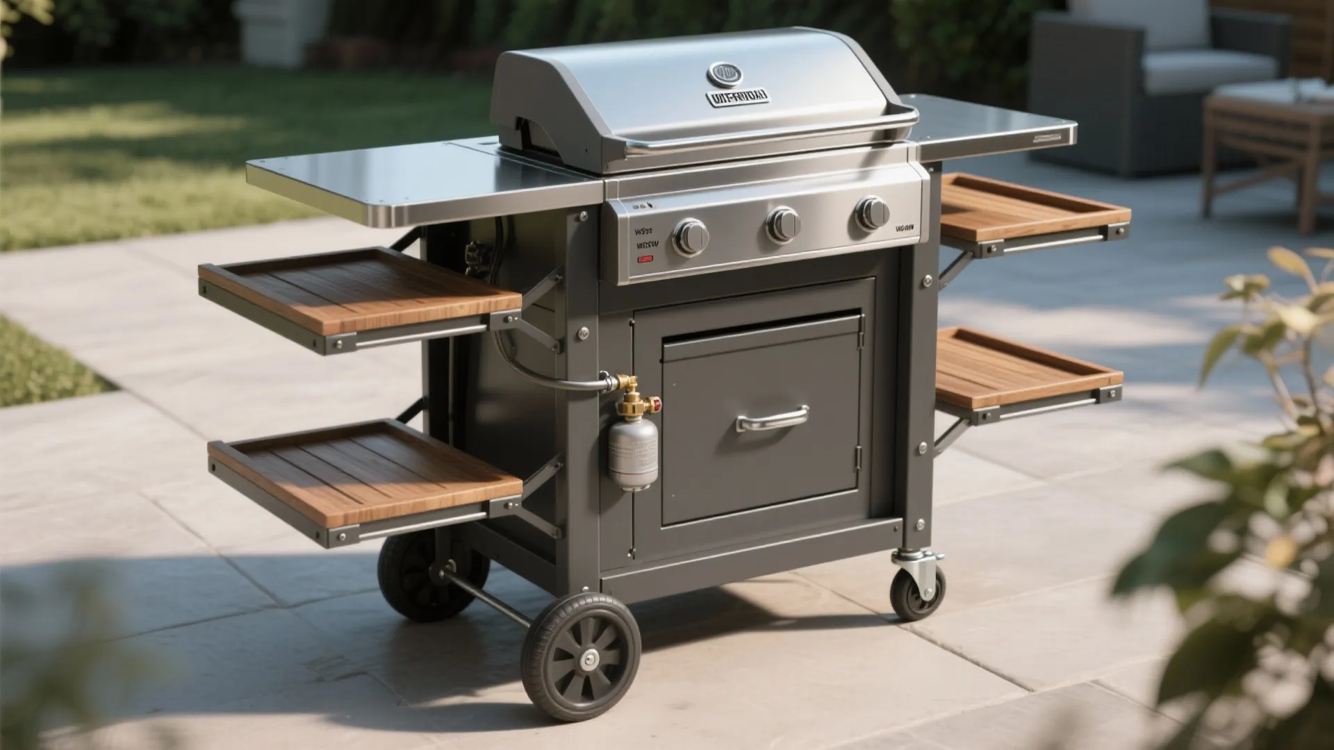 Portable black outdoor grill on wheels with stainless steel top and foldable wooden side trays