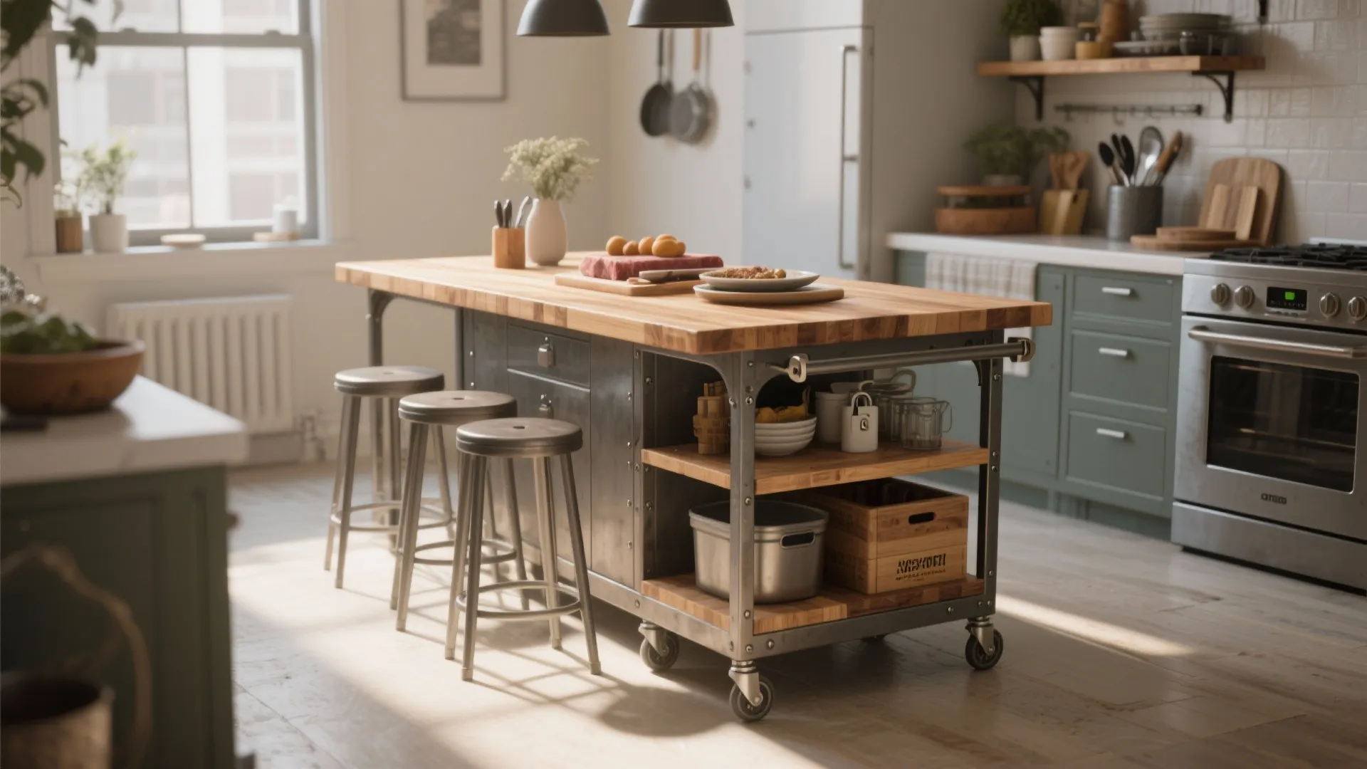Industrial kitchen island with wooden top and wheels including three metal stools in a room