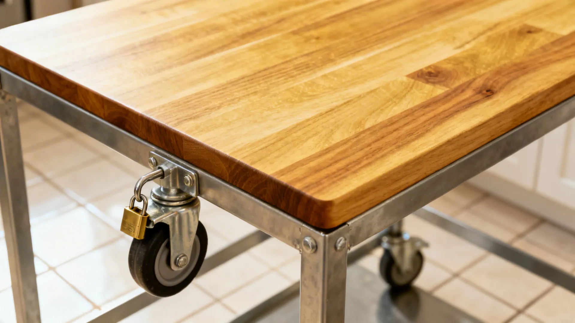 Close-up of a butcher-block cart top and locking caster with sturdy metal frame.