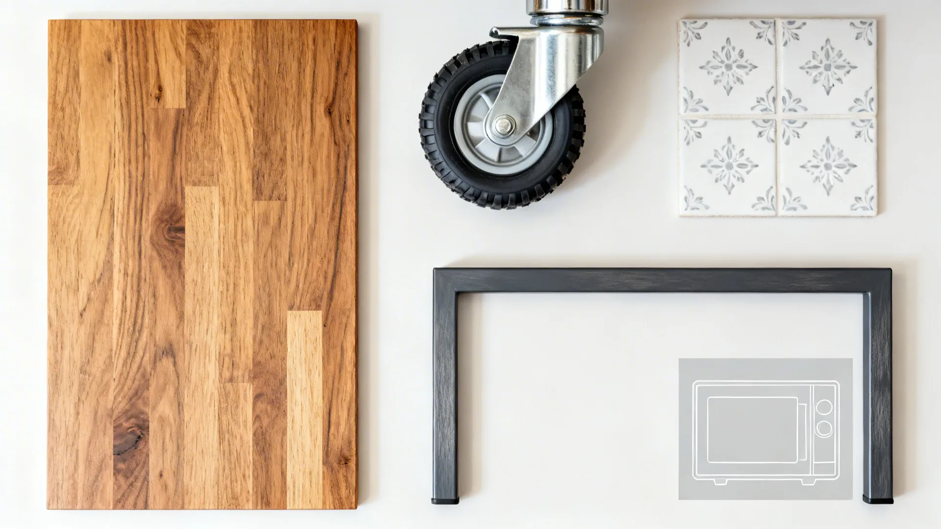 Flat lay showing wood board metal wheel patterned tiles and black frame for kitchen island design