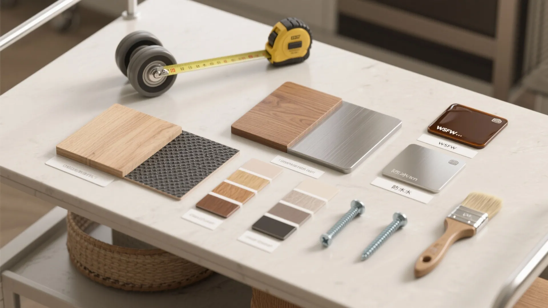 Top-down flatlay of tools and material samples for building or selecting a durable kitchen cart, including casters, swatches, and measuring tape.