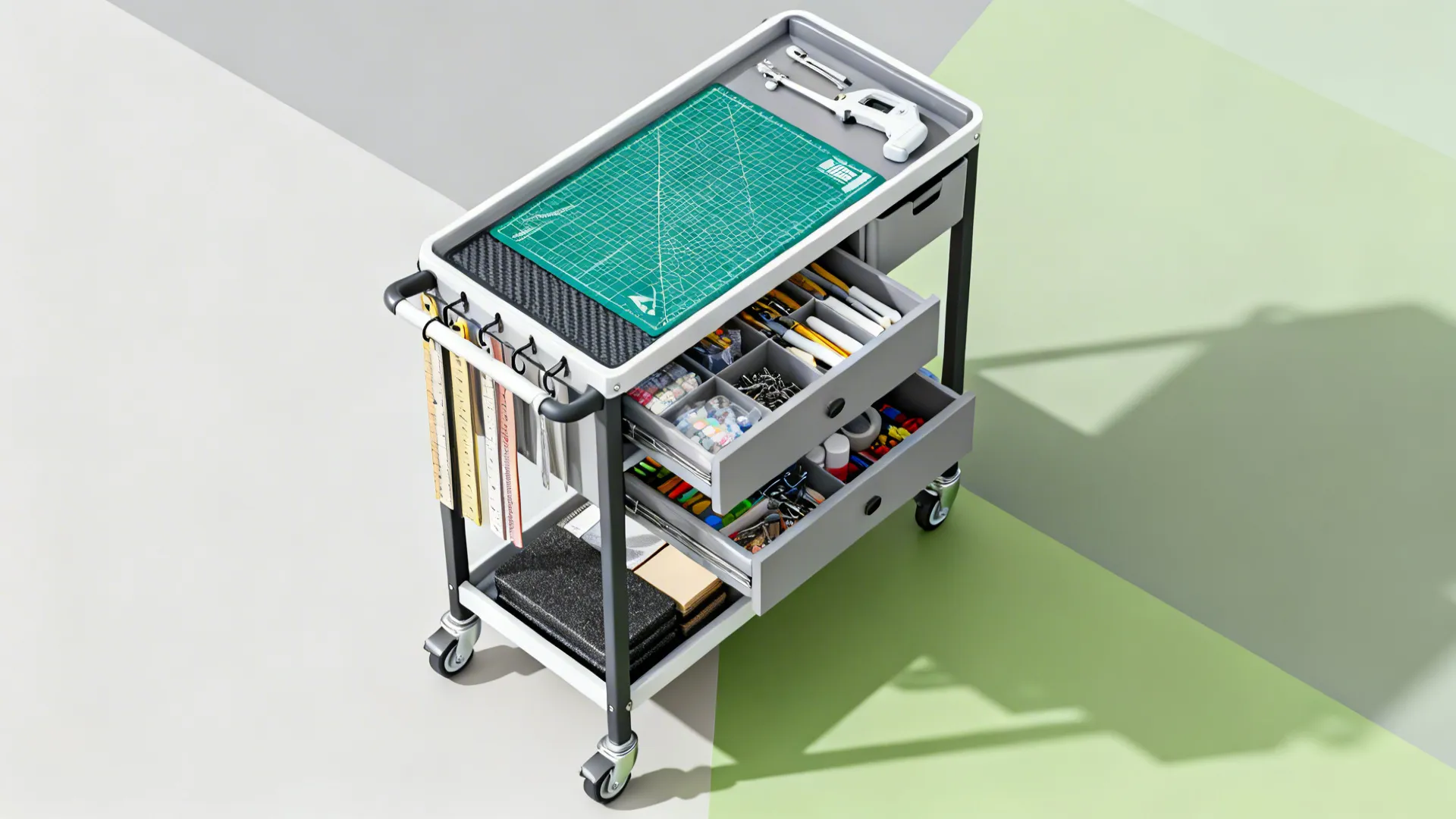 Top-down view of a slim craft cart with weight distributed low and tools organized by zone.