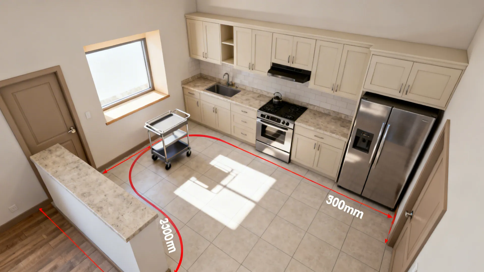 Top view of kitchen floor plan with red lines showing distance between cabinets and cart