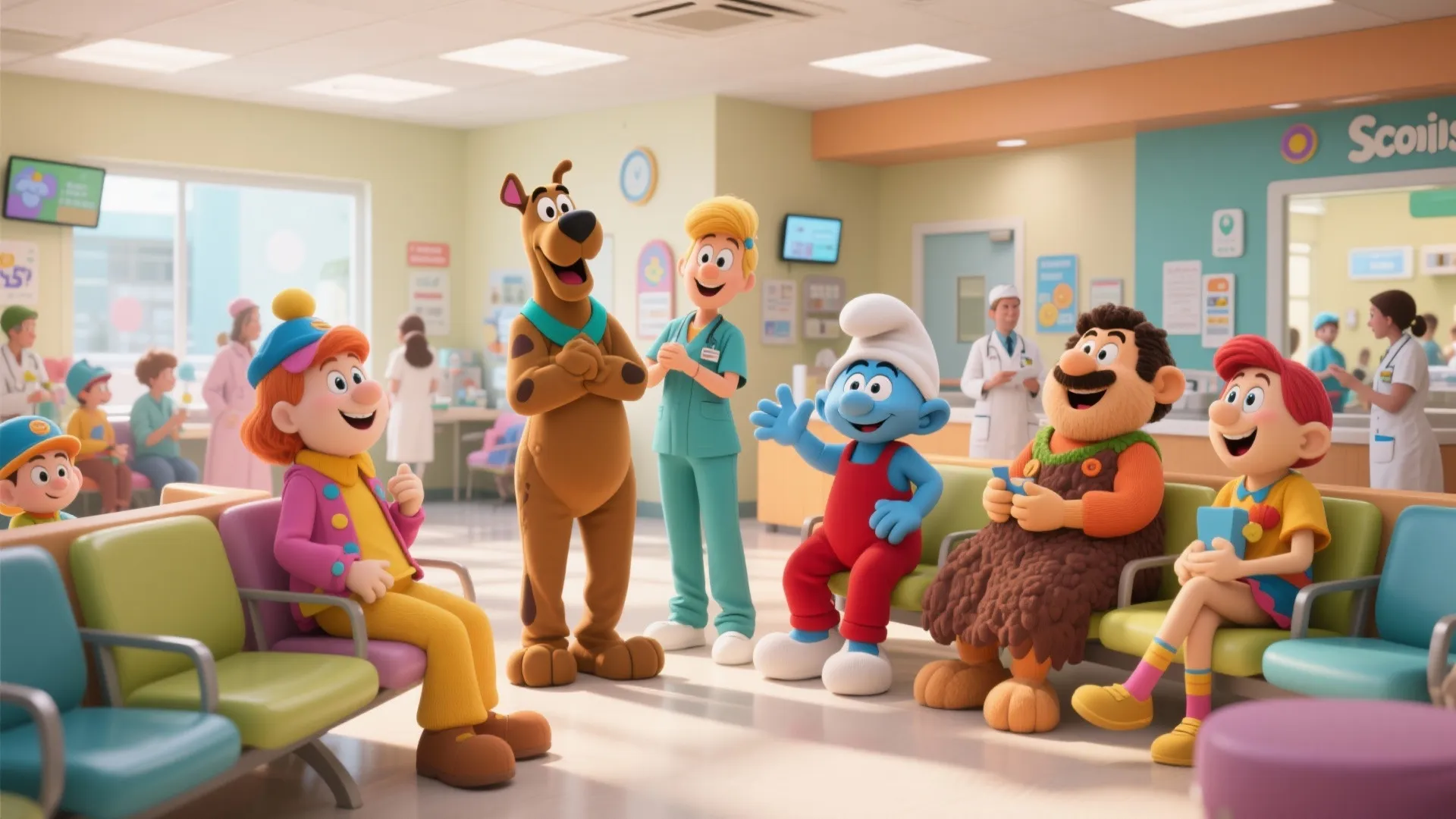 Cartoon characters and medical staff sitting in a bright hospital waiting room with colorful plastic chairs