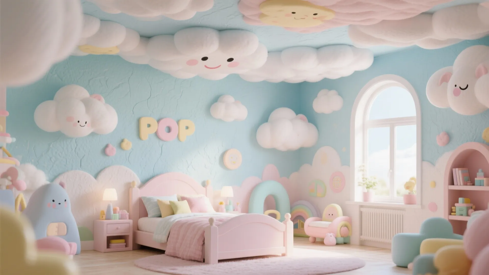 Whimsical children room featuring pink bed and cute cloud shapes on the blue ceiling walls