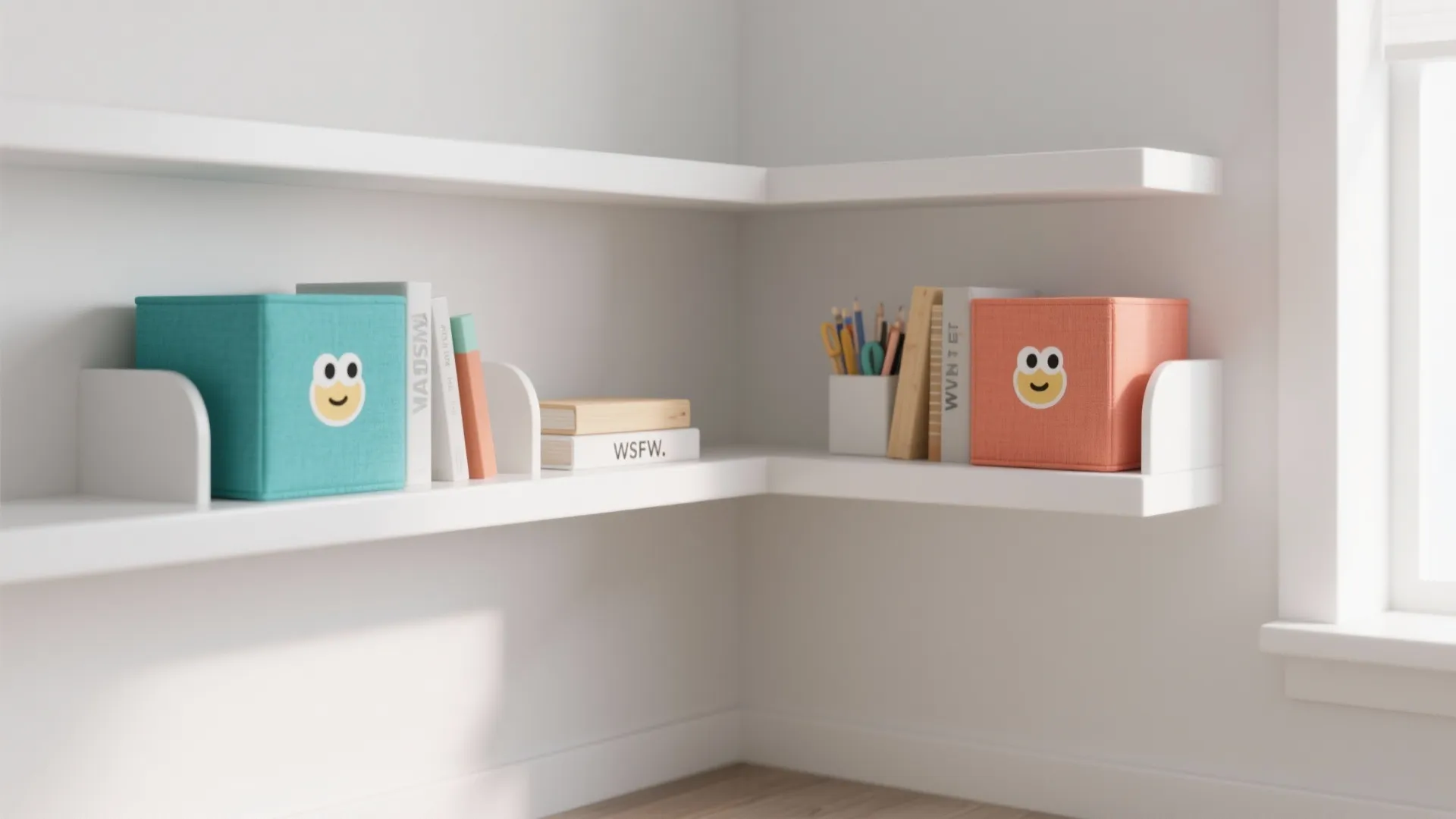White corner wall shelves holding books and colorful storage boxes with simple smiley face designs