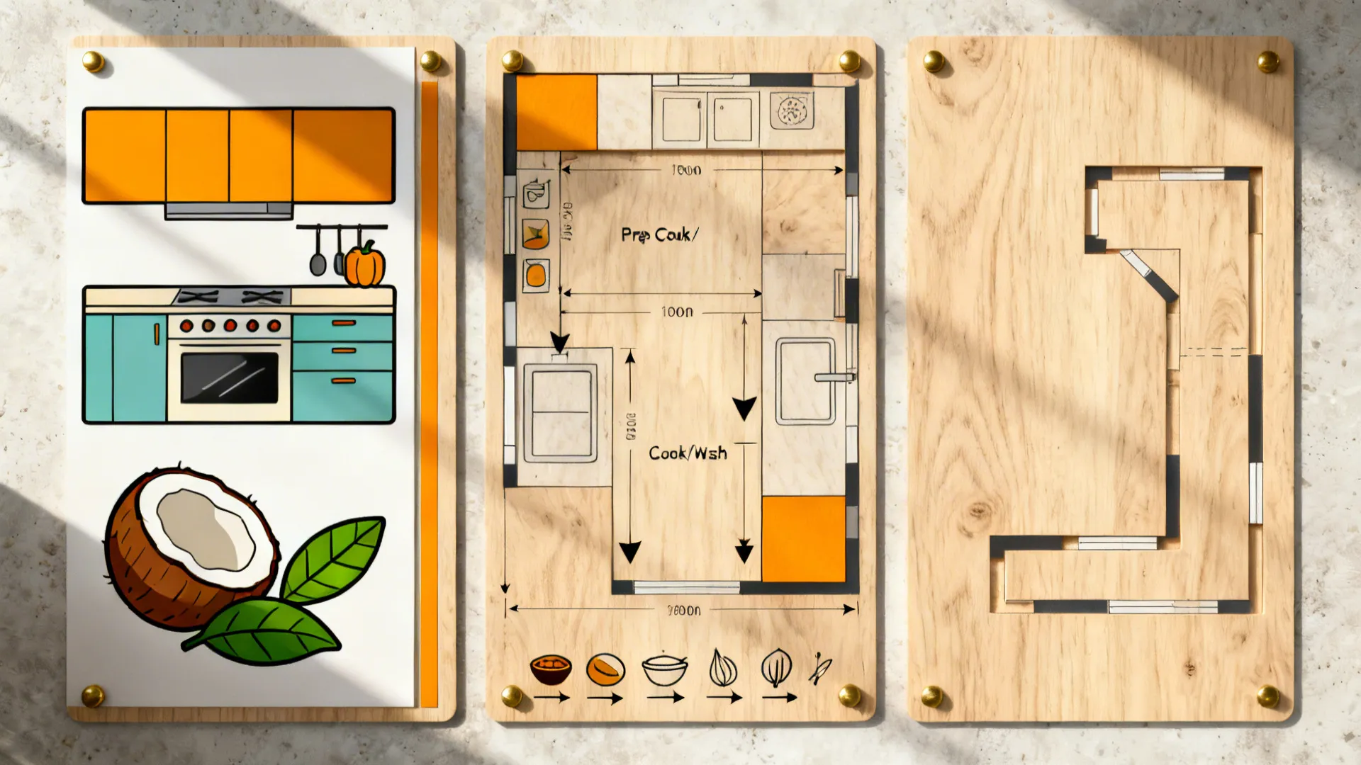 Process board from playful kitchen cartoon to dimensioned L-shaped plan with clear zones.