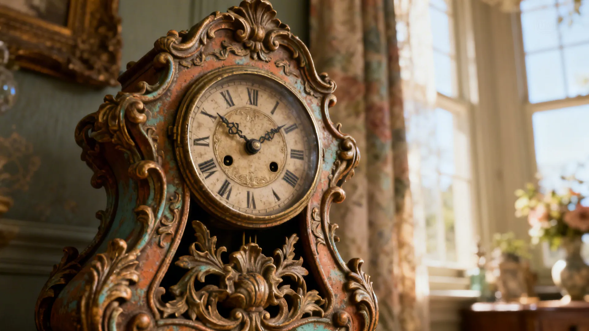 Ornate French-style cartouche clock close-up showing carved detail and aged patina