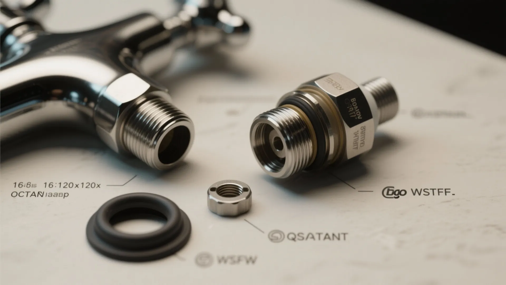 Close-up of faucet cartridge and aerator parts arranged for maintenance and compatibility reference.