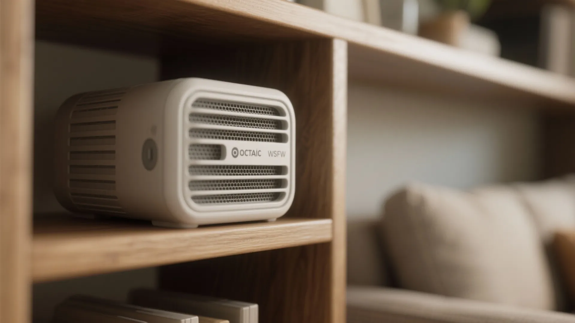Small white electronic device sitting on a wooden shelf in a modern living room setting