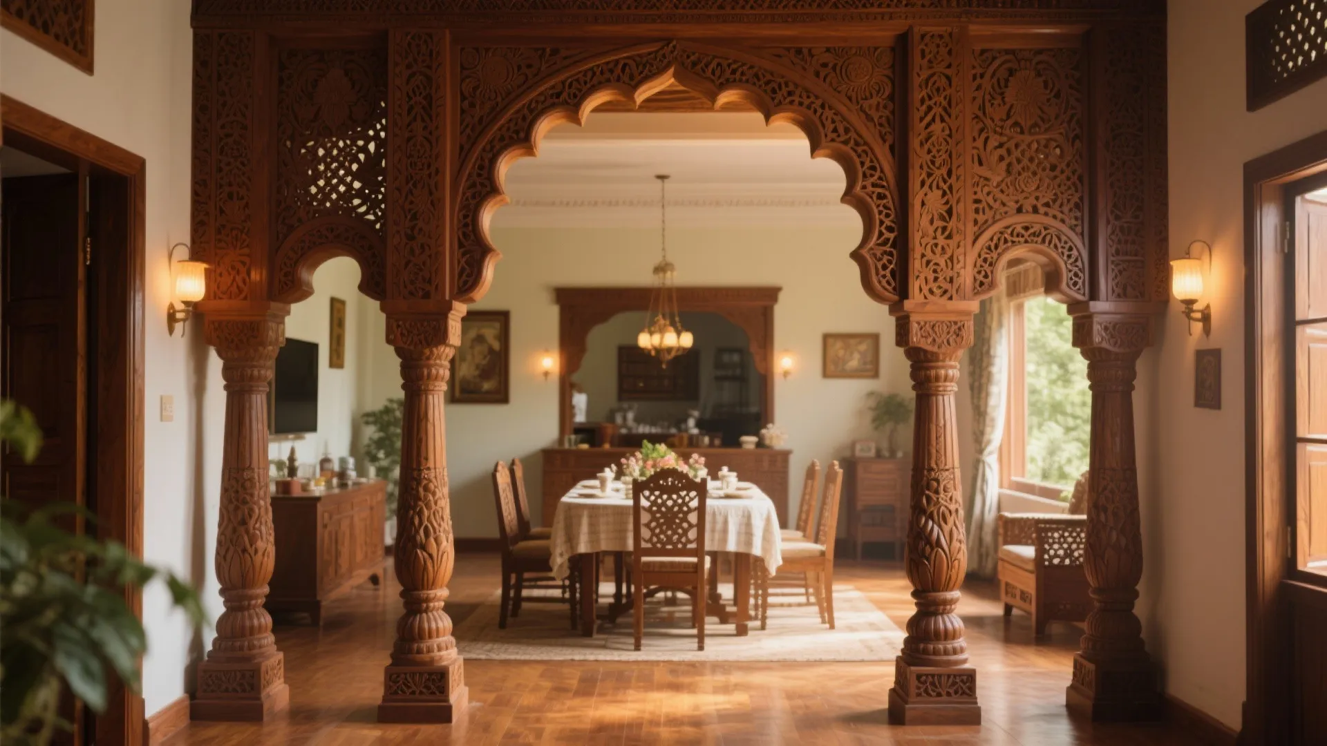 Beautifully carved wooden archway partition leading into traditional dining room with wooden table and chairs