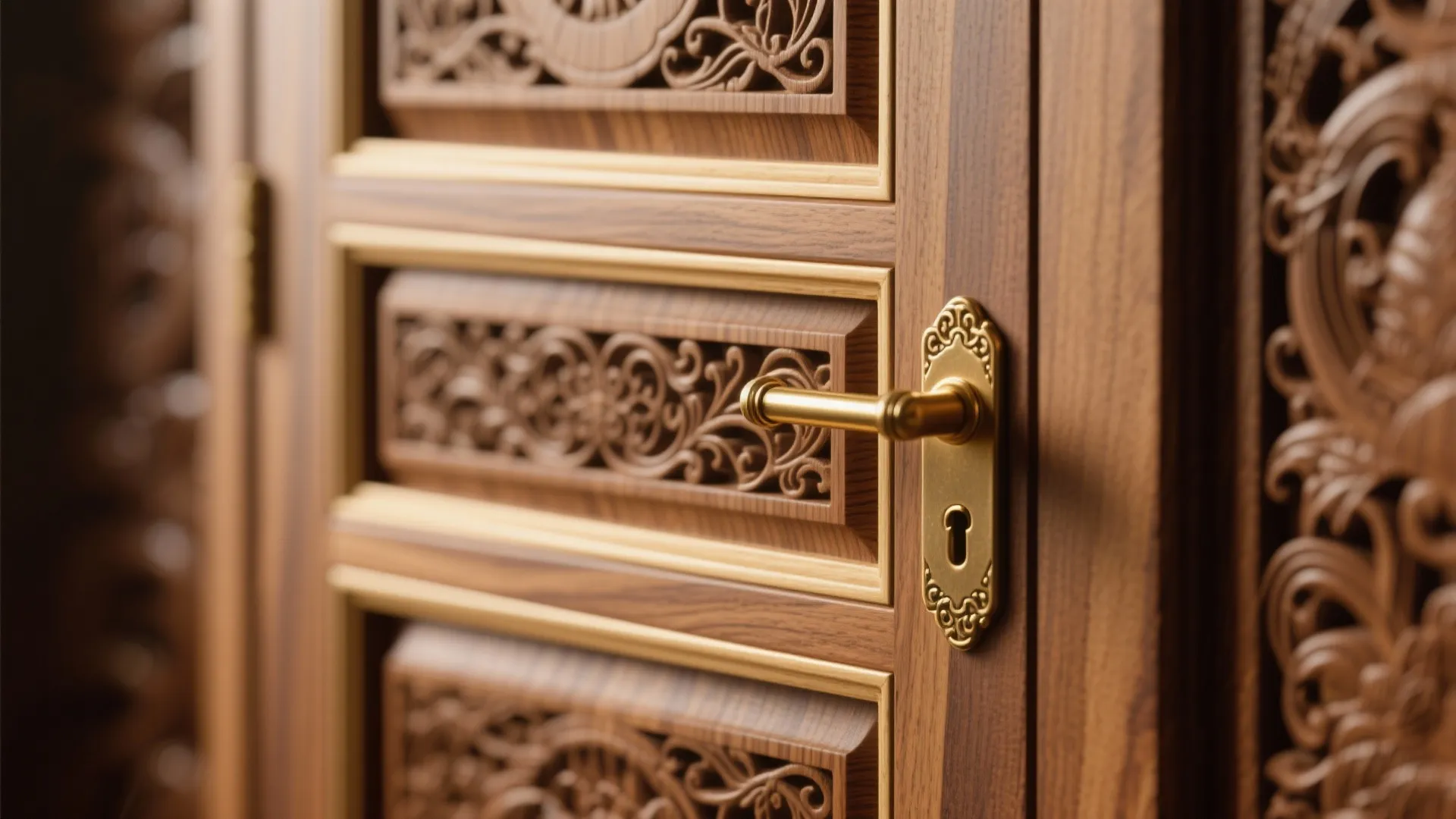 Carved plywood panels with brass or bronze accents