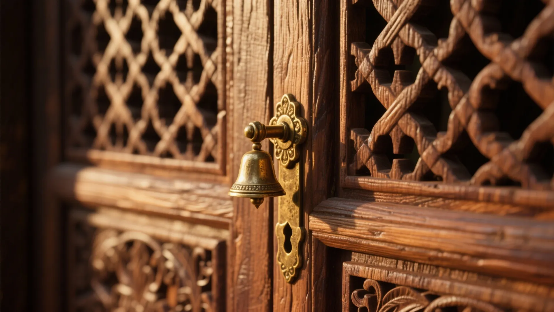 Carved wooden door with small brass bell handle and decorative patterns under warm bright light