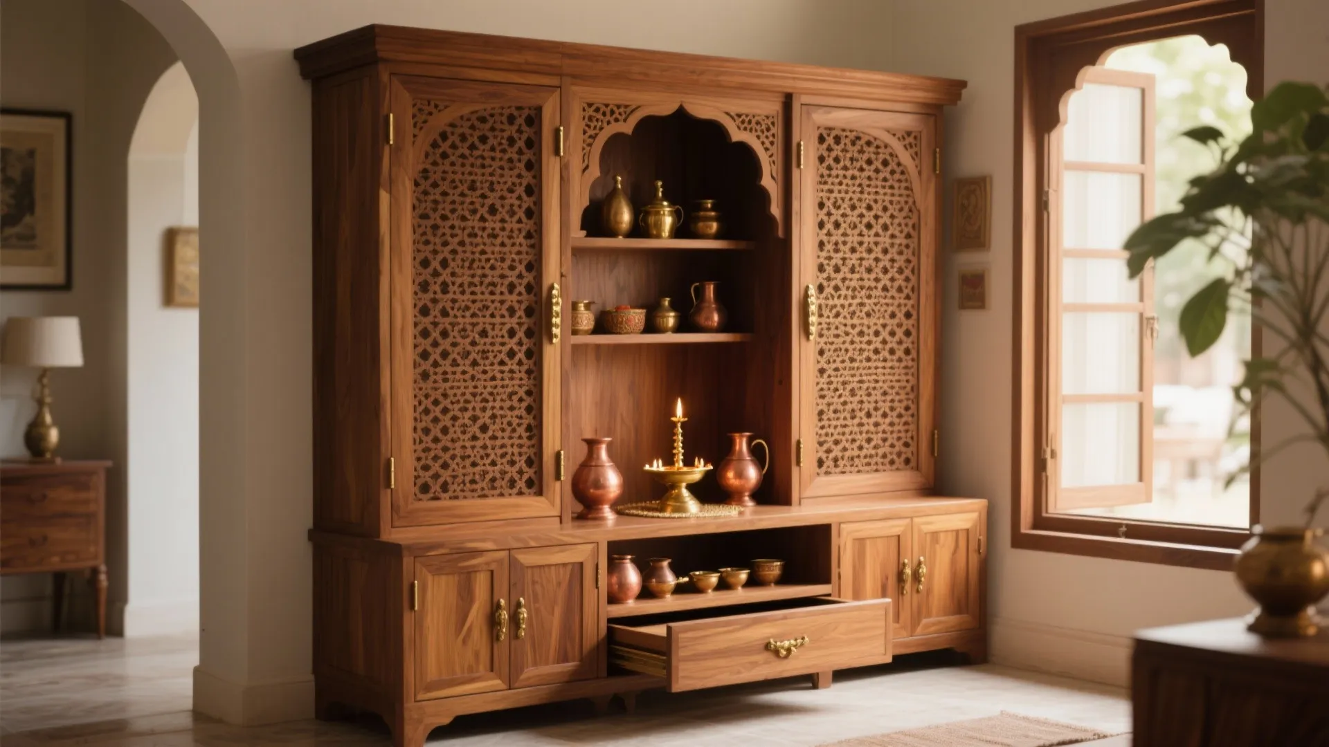 Large wooden cabinet with intricate carved doors holding brass pots and a lit candle inside