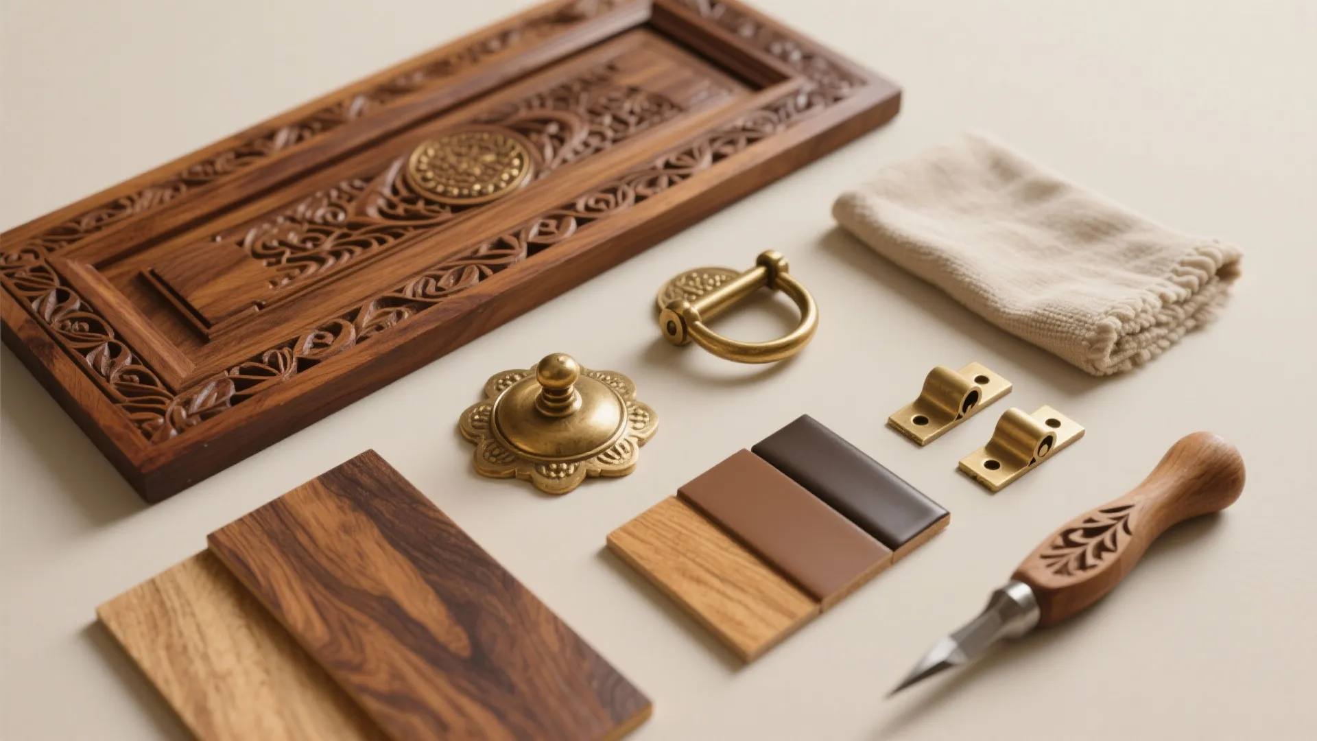 Interior design materials featuring carved wood panel brass door handles and various wood texture samples displayed