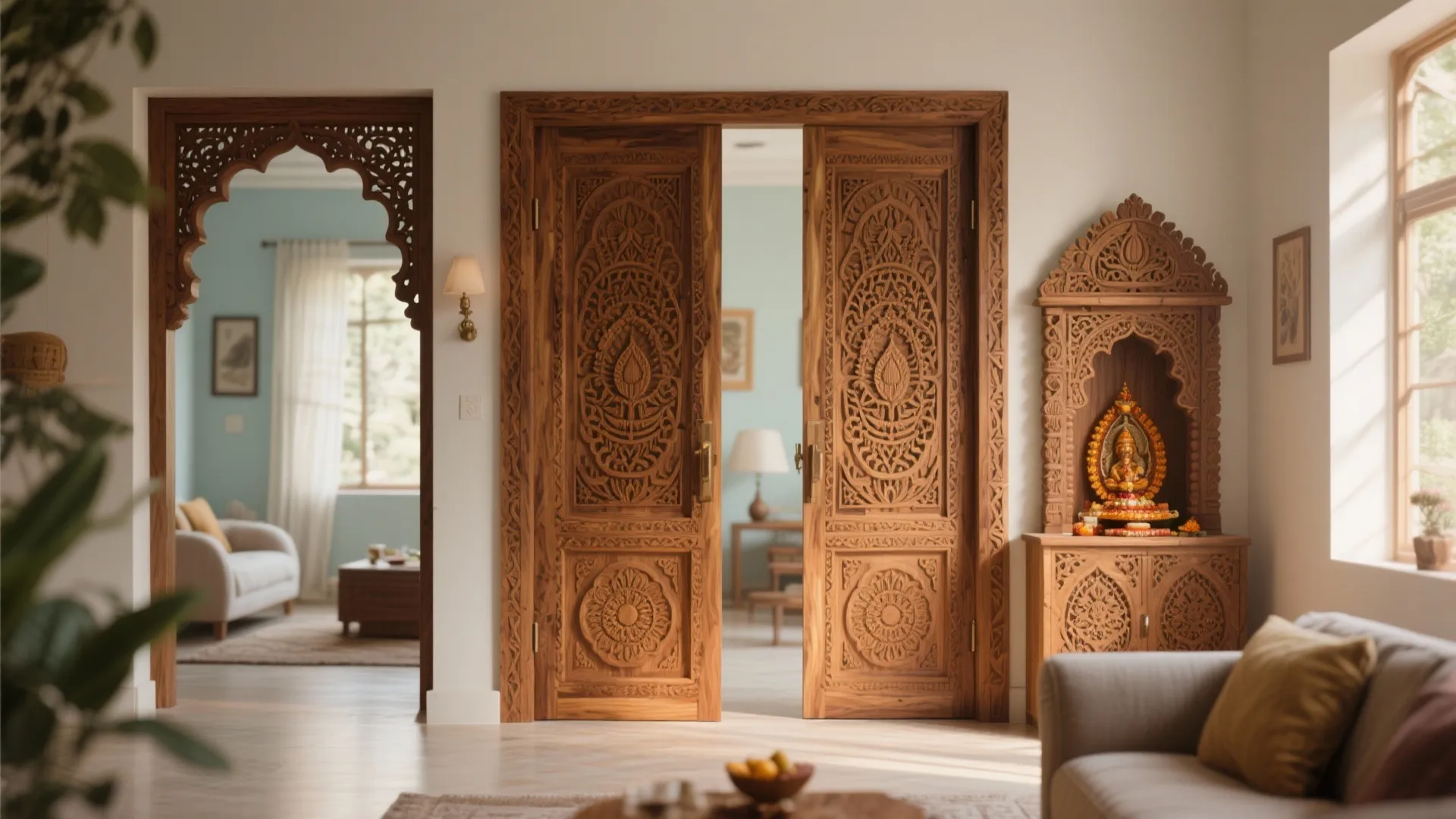 Traditional interior design featuring a carved wooden door and matching cabinet with a small statue