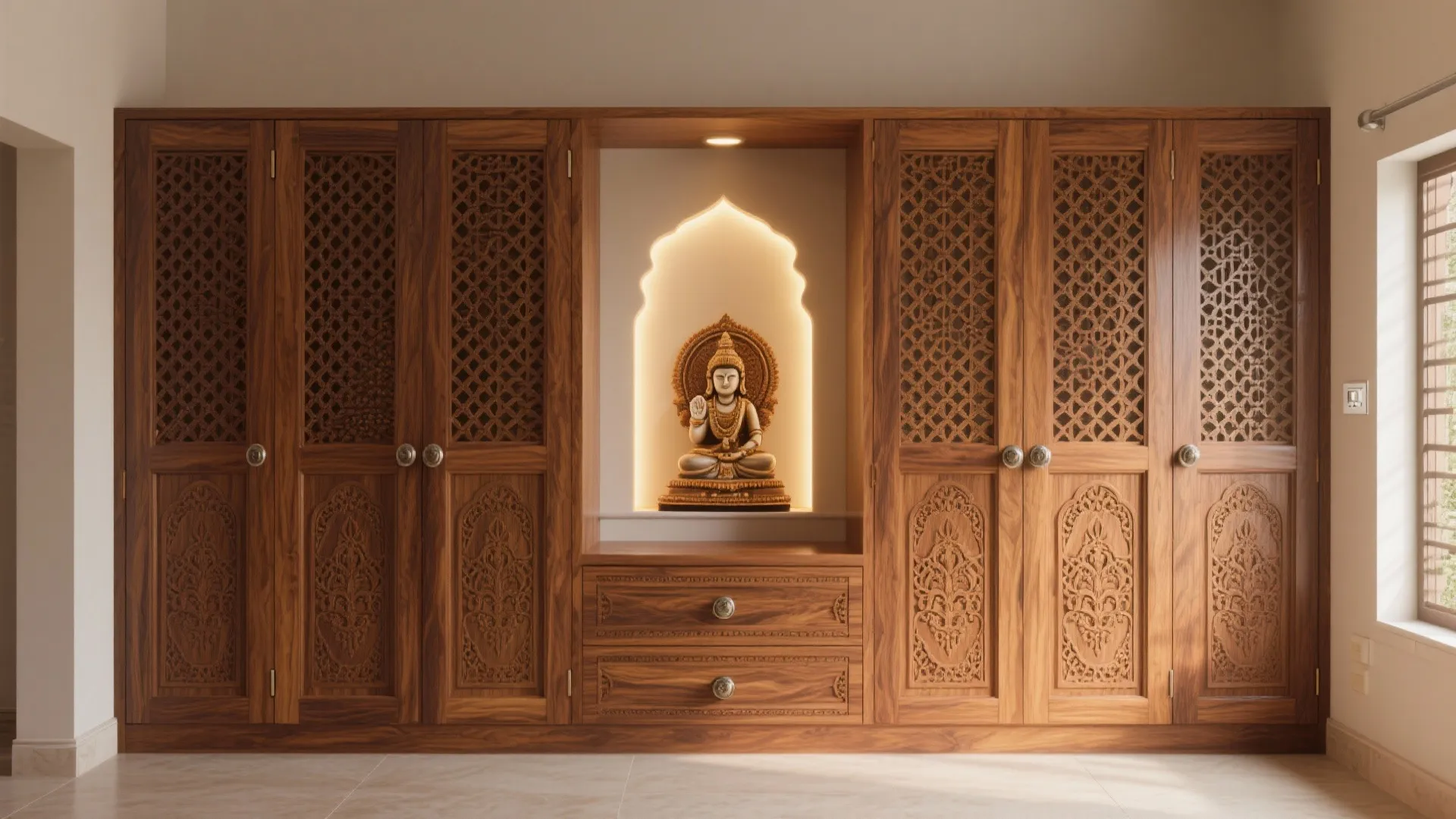 Traditional carved panel doors with modern lighting