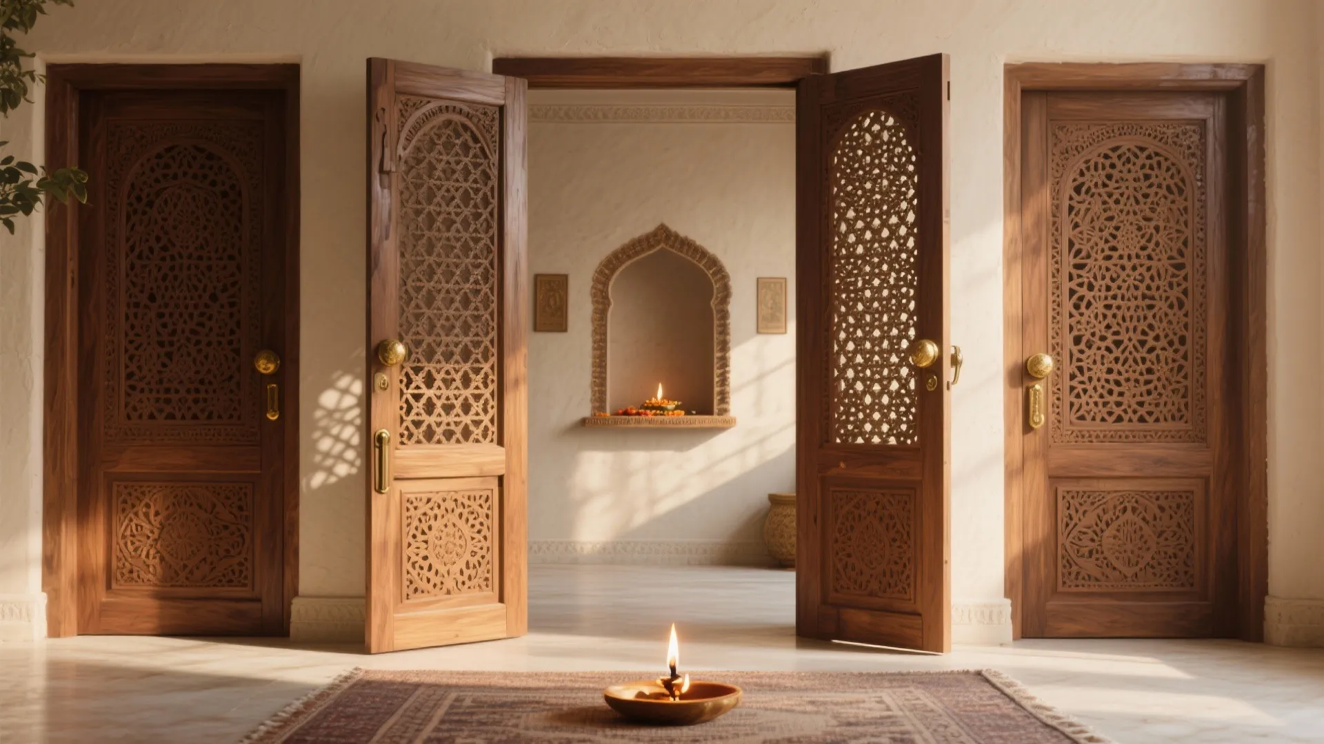 Carved Wooden Double Doors with Jaali Patterns