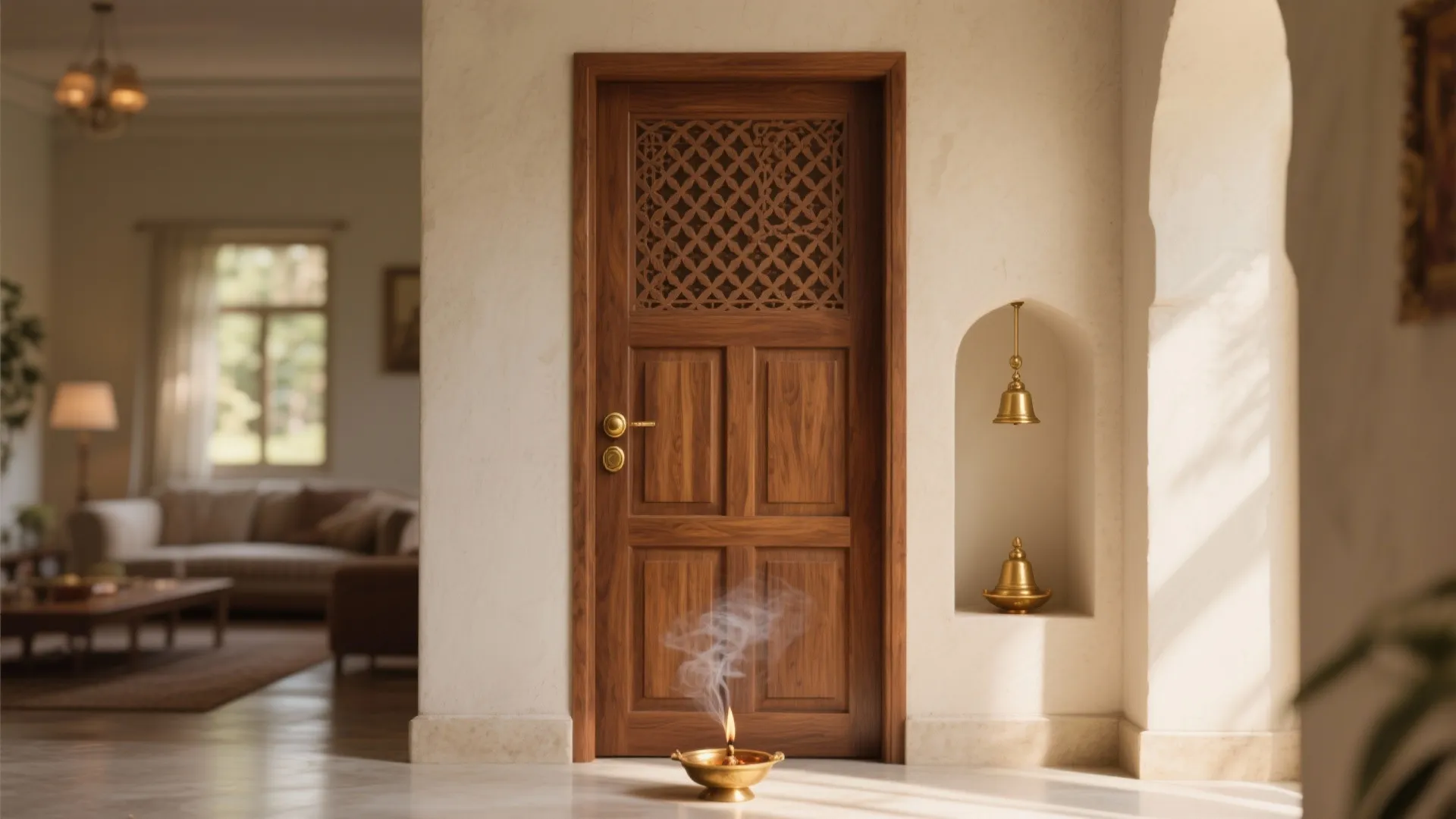 Carved Wood + Jaali Accents (with Subtle Brass)