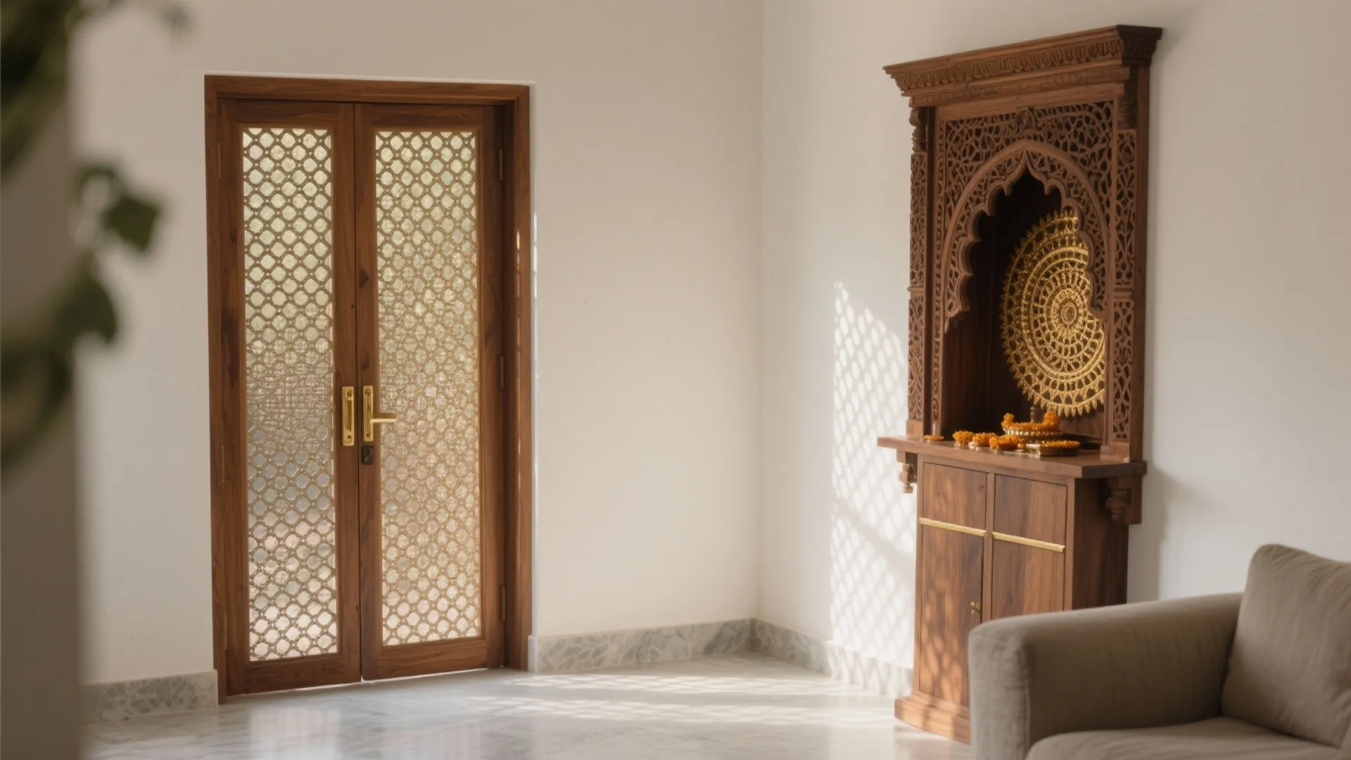Traditional wooden doors with pattern glass panels next to a carved wooden cabinet and sofa