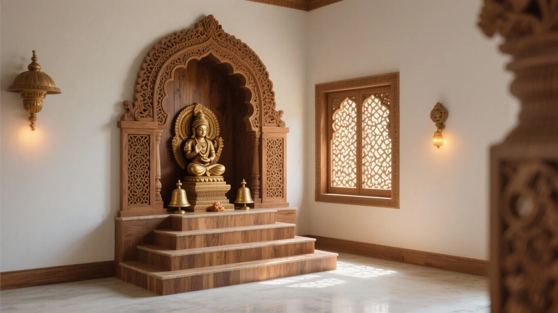 Temple-style corner alcove with carved jali panels, arched head, and stepped plinth.