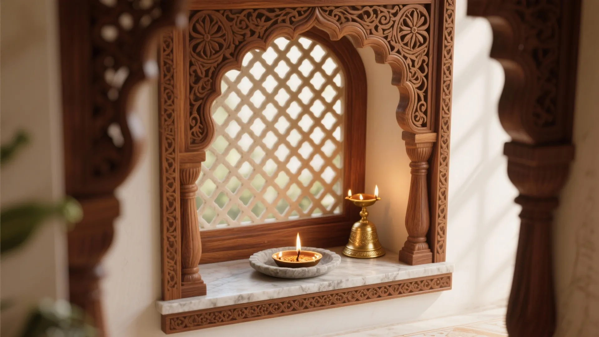 Traditional carved wood or sandstone arch with jali