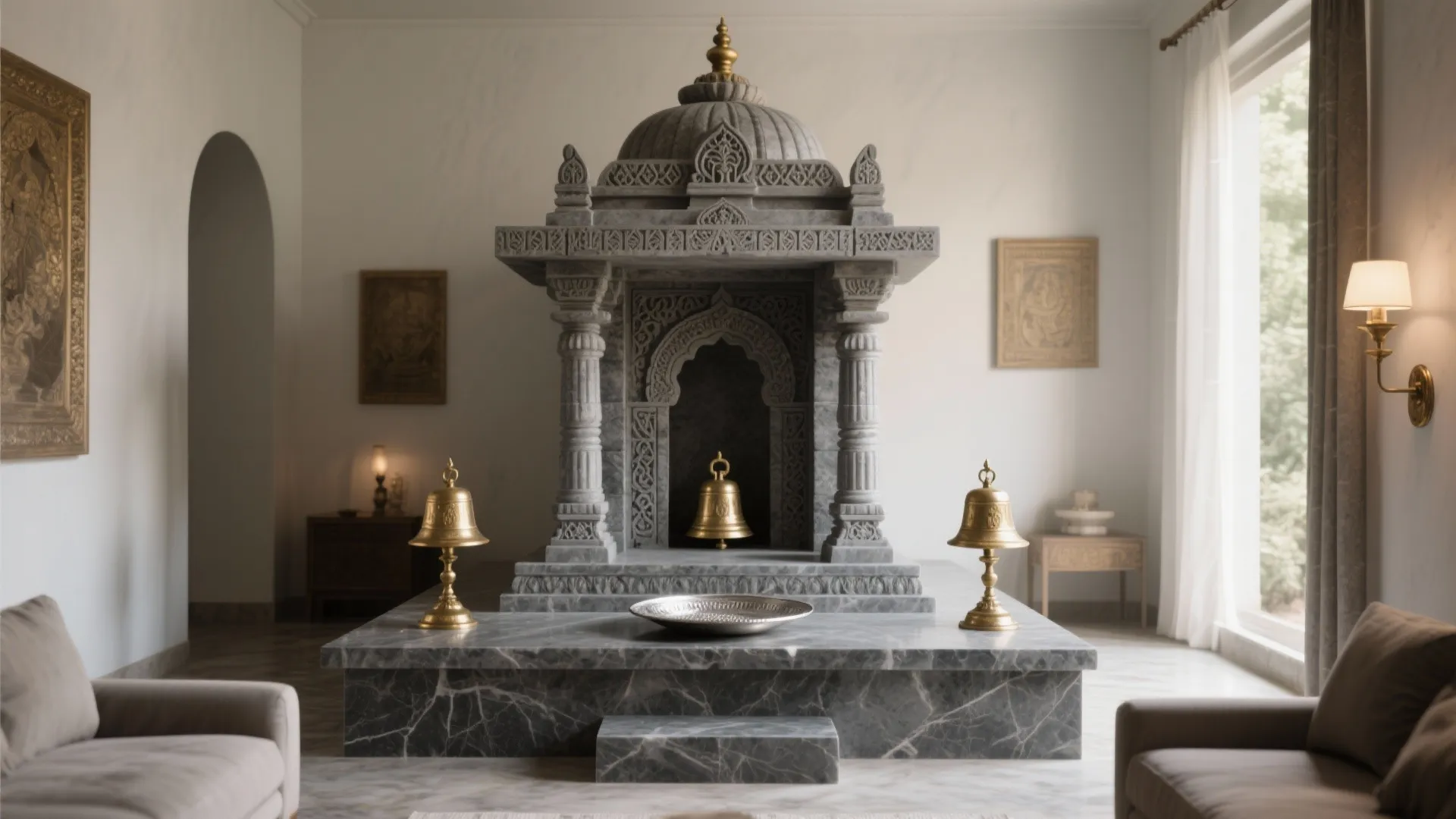 Compact carved granite temple with small pillars and a simplified shikhara, brass lamps, soft daylight.