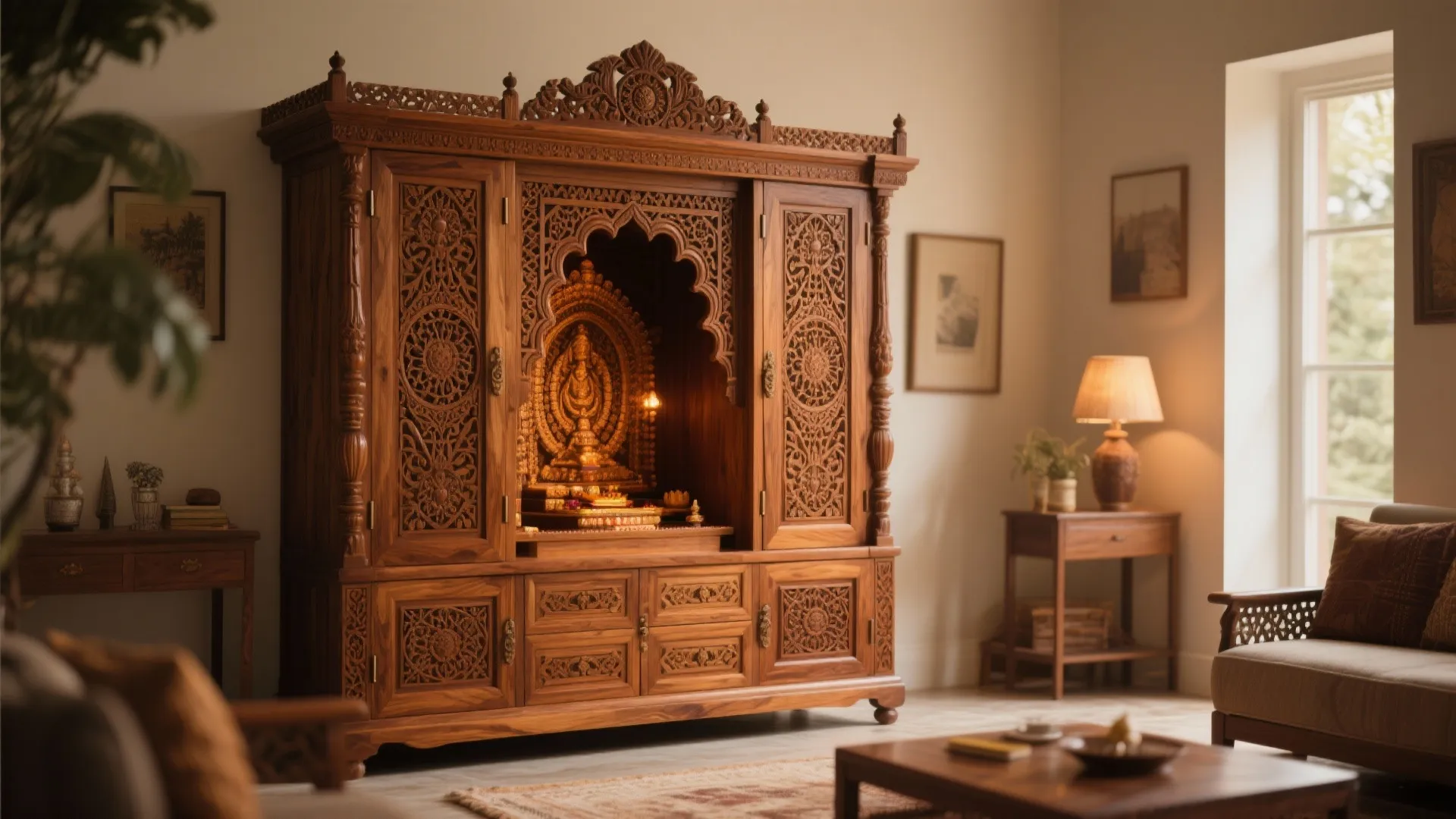 Carved Door Mandir Cabinet