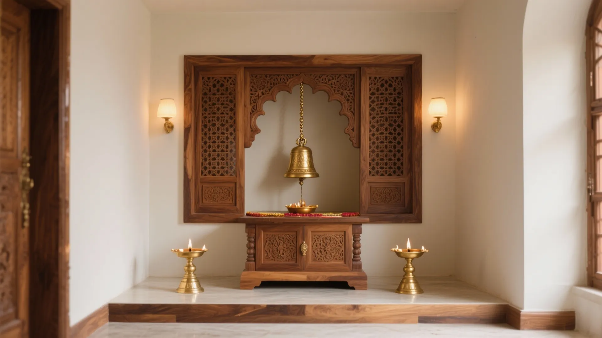 Traditional wood wall cabinet with hanging gold bell two wall lights and white floor base