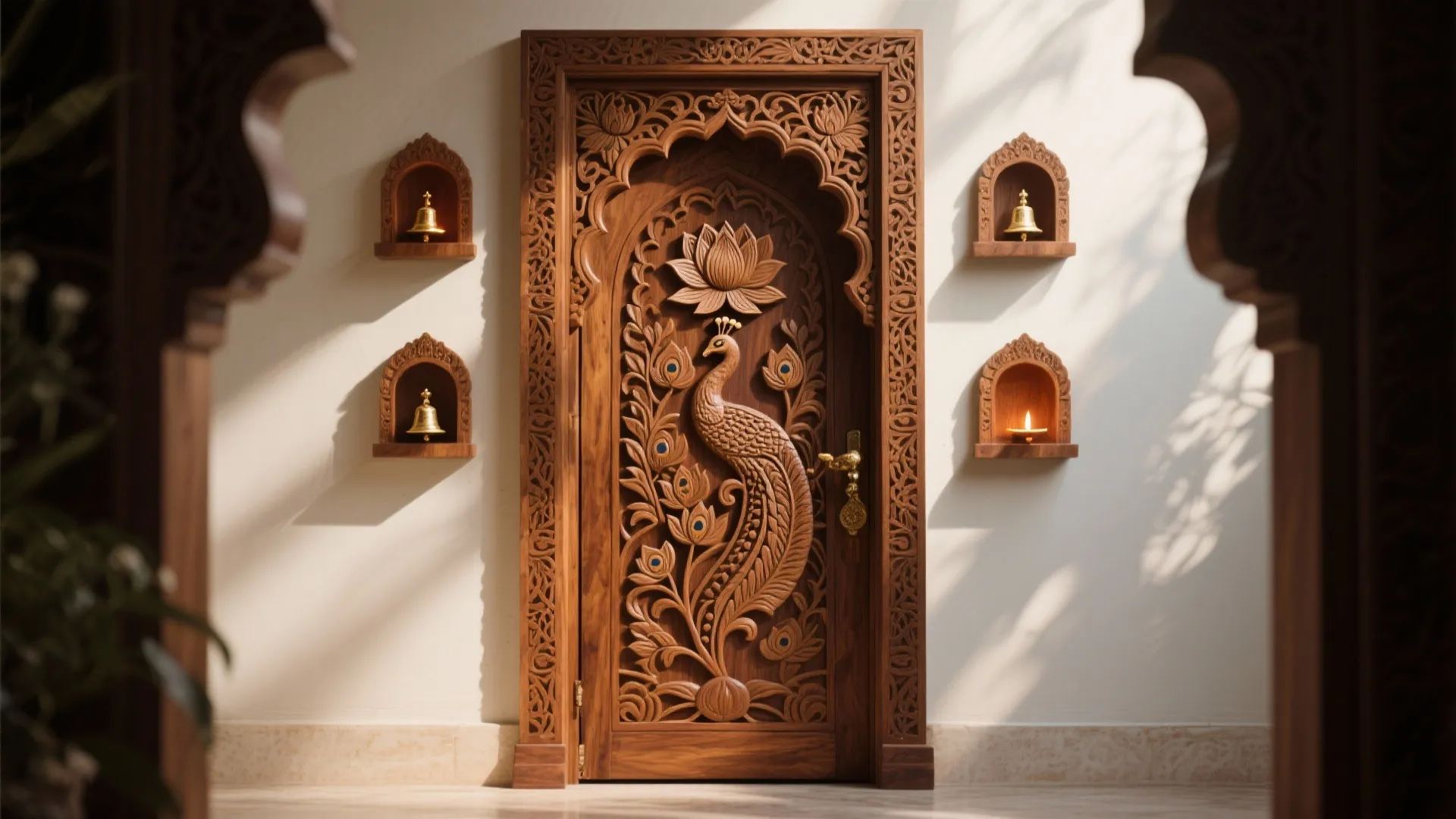 Traditional carved wood pooja door with lotus motifs and recessed bell niches.