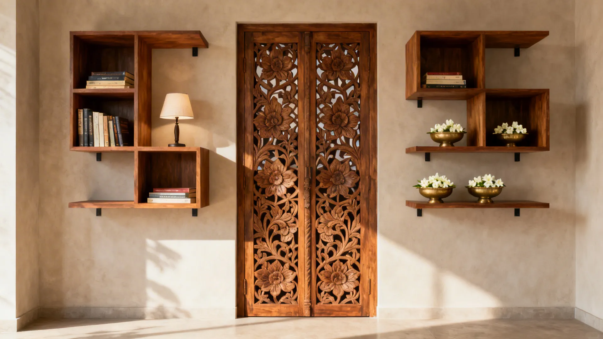 Carved wooden lattice panel centered on a wall with floating teak shelves holding books and uruli bowls.