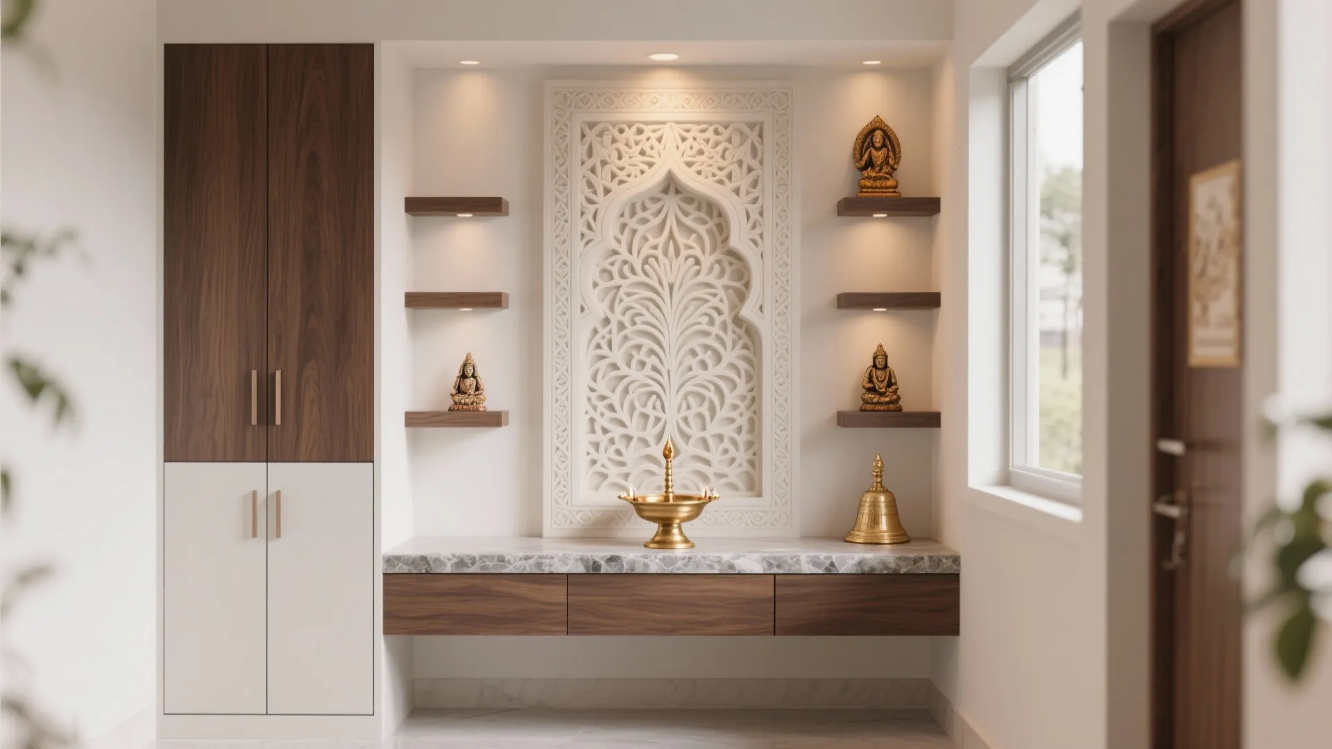 Minimal carved panel pooja wall with concealed side cabinets and stone ledge.