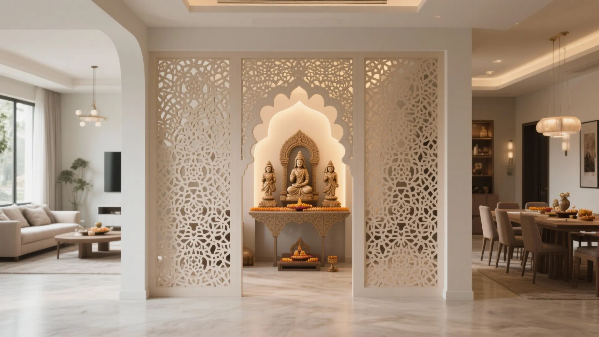 Elegant white carved wall divider separating a prayer area from the dining room and living room