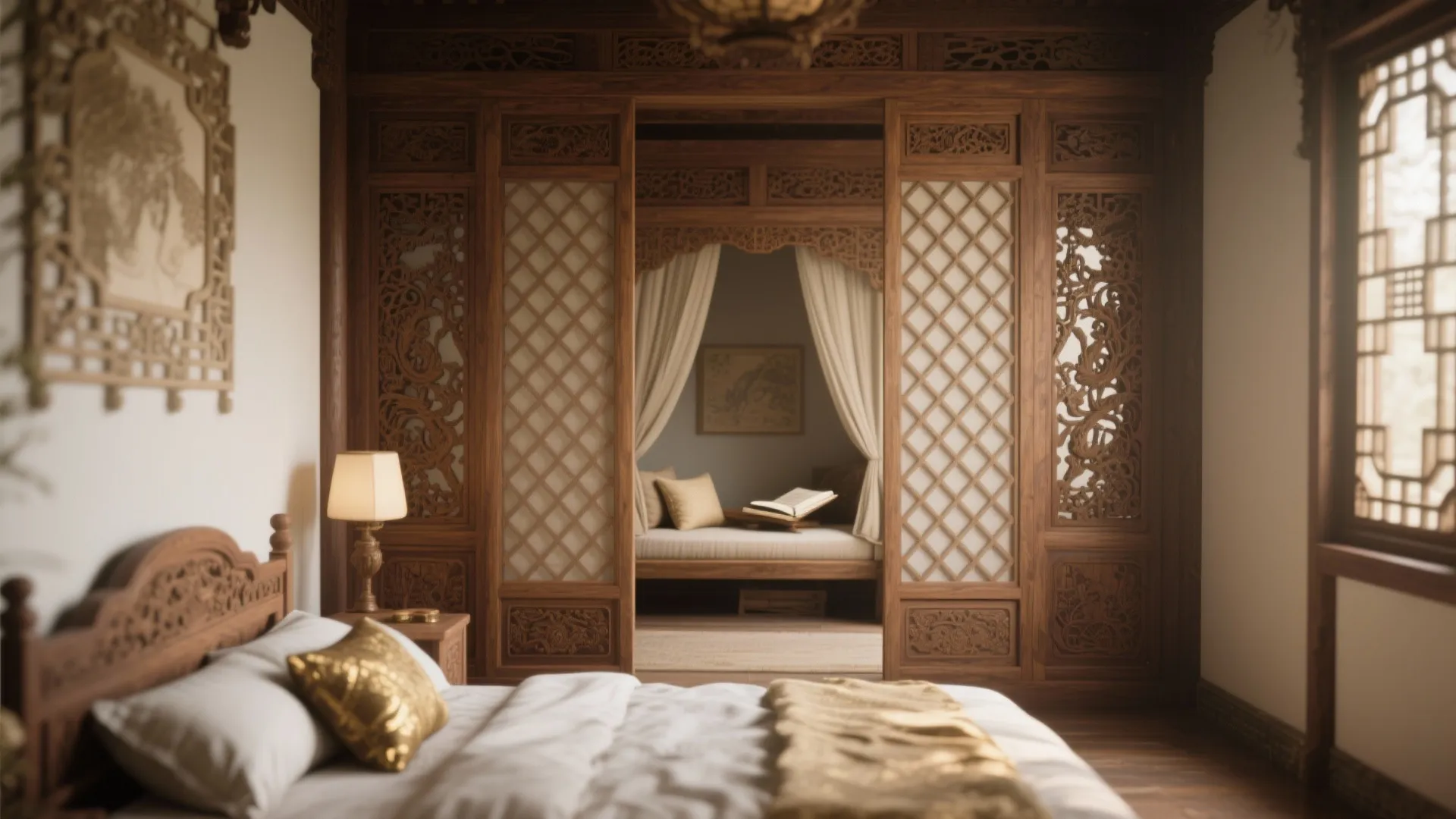 2. Use carved screens and lattice as room dividers