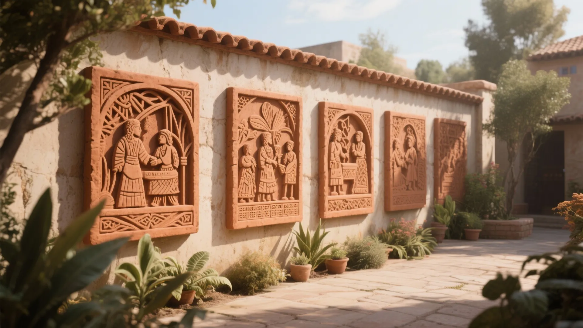 Outdoor garden wall featuring rectangular clay art panels with carved figures and green potted plants
