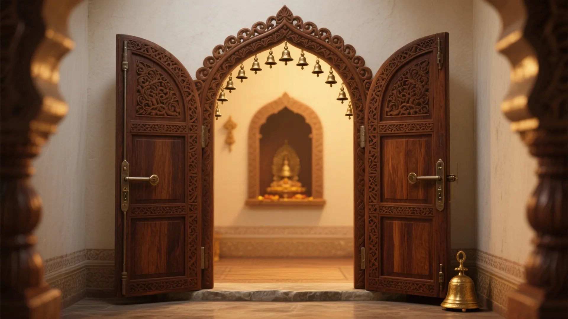 Arch-Top Carved Teak with Temple Bells