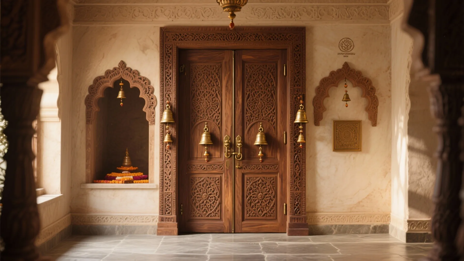 2) Traditional carved teak doors with brass bells