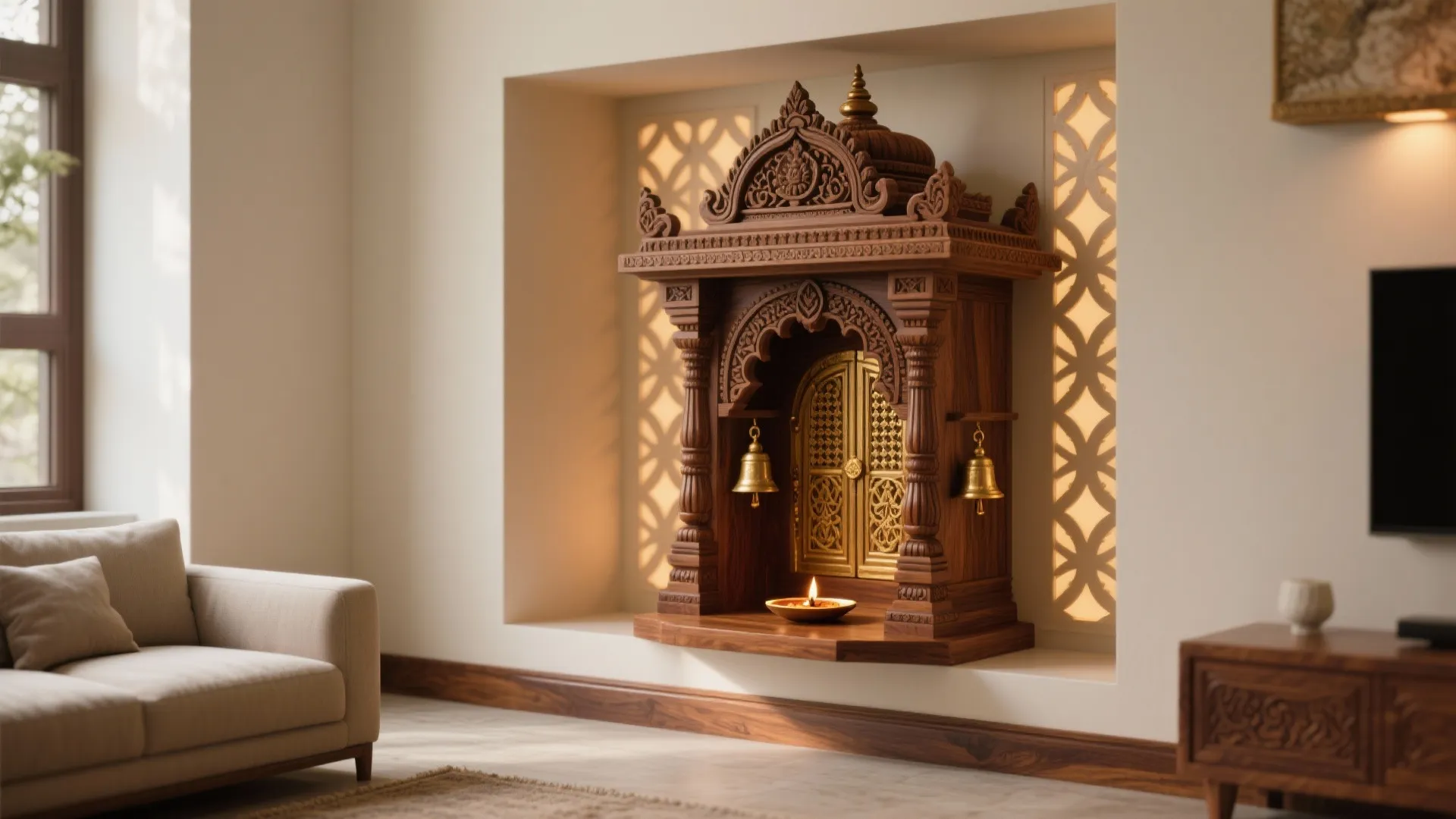 Carved Teak Shrine with Gopuram Crown