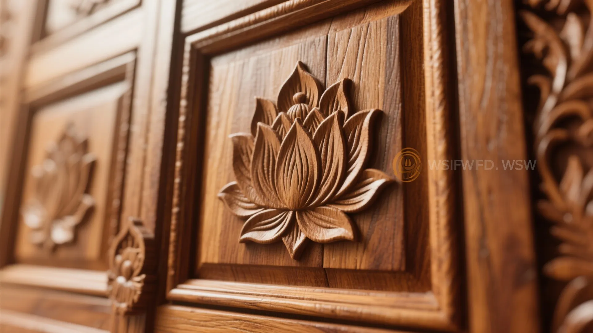Close up of a brown wooden door with a detailed carved lotus flower and wood panels