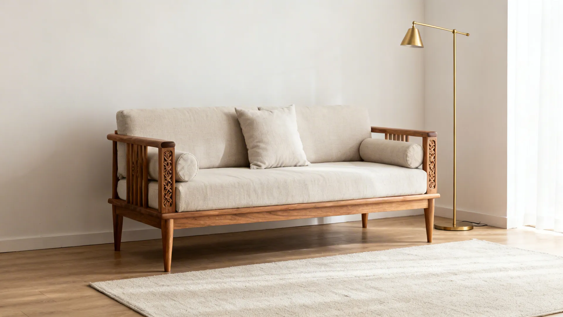 Slim carved teak sofa with neutral linen cushions in a small modern Indian living room.
