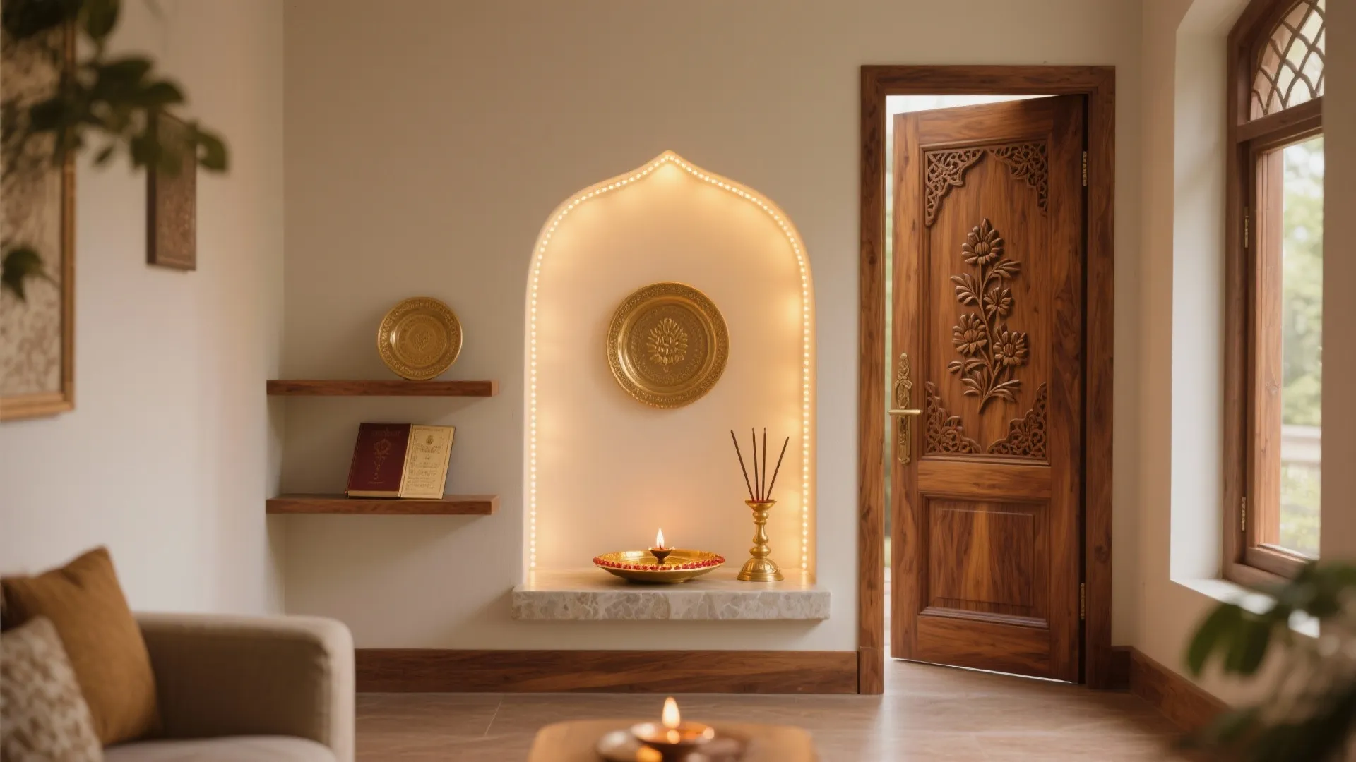 Single carved teak door pooja nook with warm backlighting and clean sightlines.
